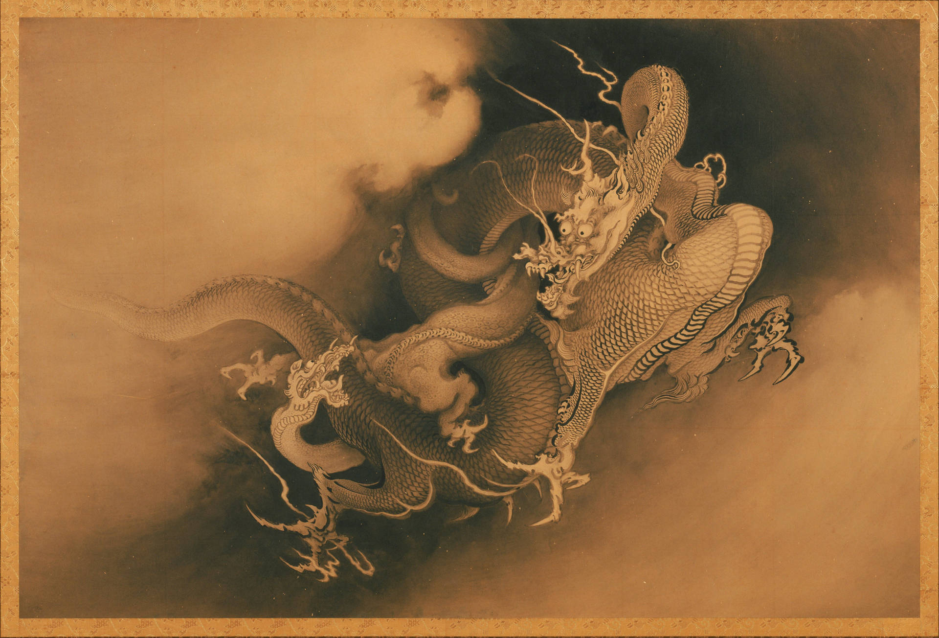 一幅詳細的水墨畫，描繪一條在雲霧中盤旋的龍，懷舊色調。 — 日式龍 壁紙