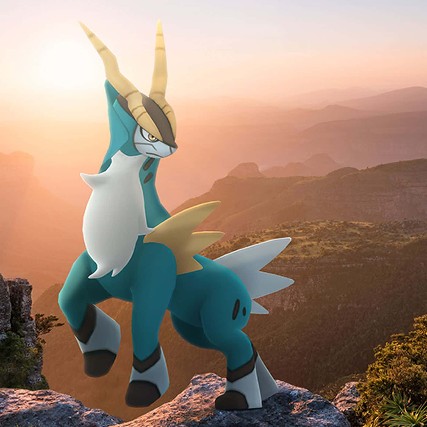 日落時分懸崖上的一隻藍色和金色寶可夢，背景有山脈。 — Pokémon 手機 壁紙