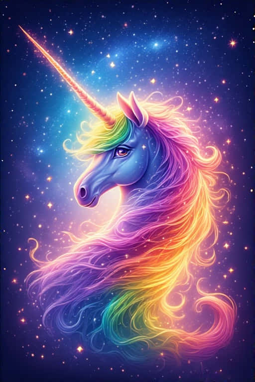 一隻擁有彩虹頭髮和發光獨角的獨角獸，在繁星點點的宇宙天空中漂浮。 — 4K 壁紙