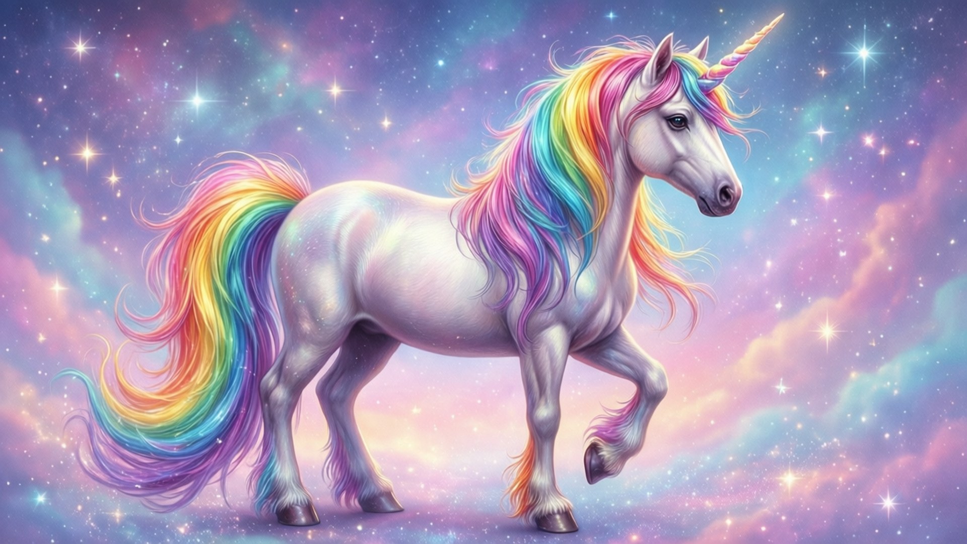 Rainbow Unicorn Magic 壁紙 — 一隻雄偉的獨角獸，擁有彩虹色的鬃毛和尾巴，優雅地站在閃爍的宇宙天空中，充滿星星和粉彩星雲。