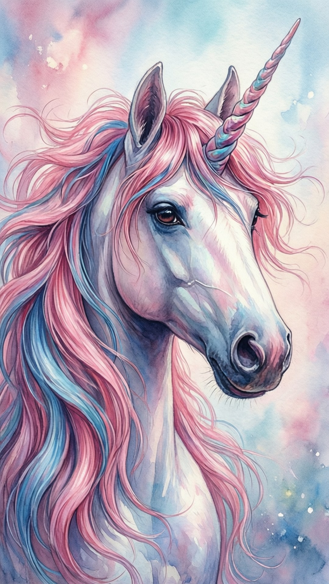 Unicorn Free 桌布 壁紙 — 一隻雄偉的獨角獸，擁有飄逸的粉紅色和藍色鬃毛和角，在夢幻的粉彩天空下寧靜地凝視。