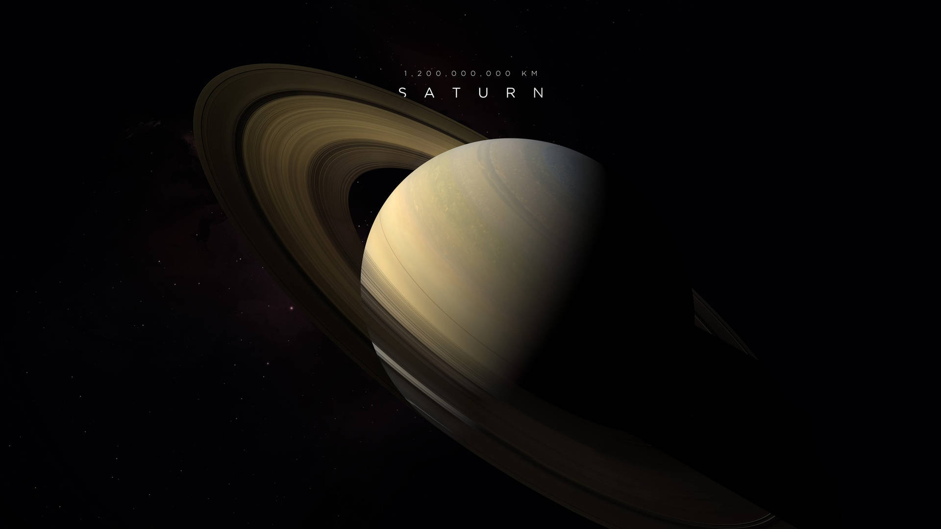 深空中的土星及其光環，帶有距離文字疊加 — 4K 太空 壁紙