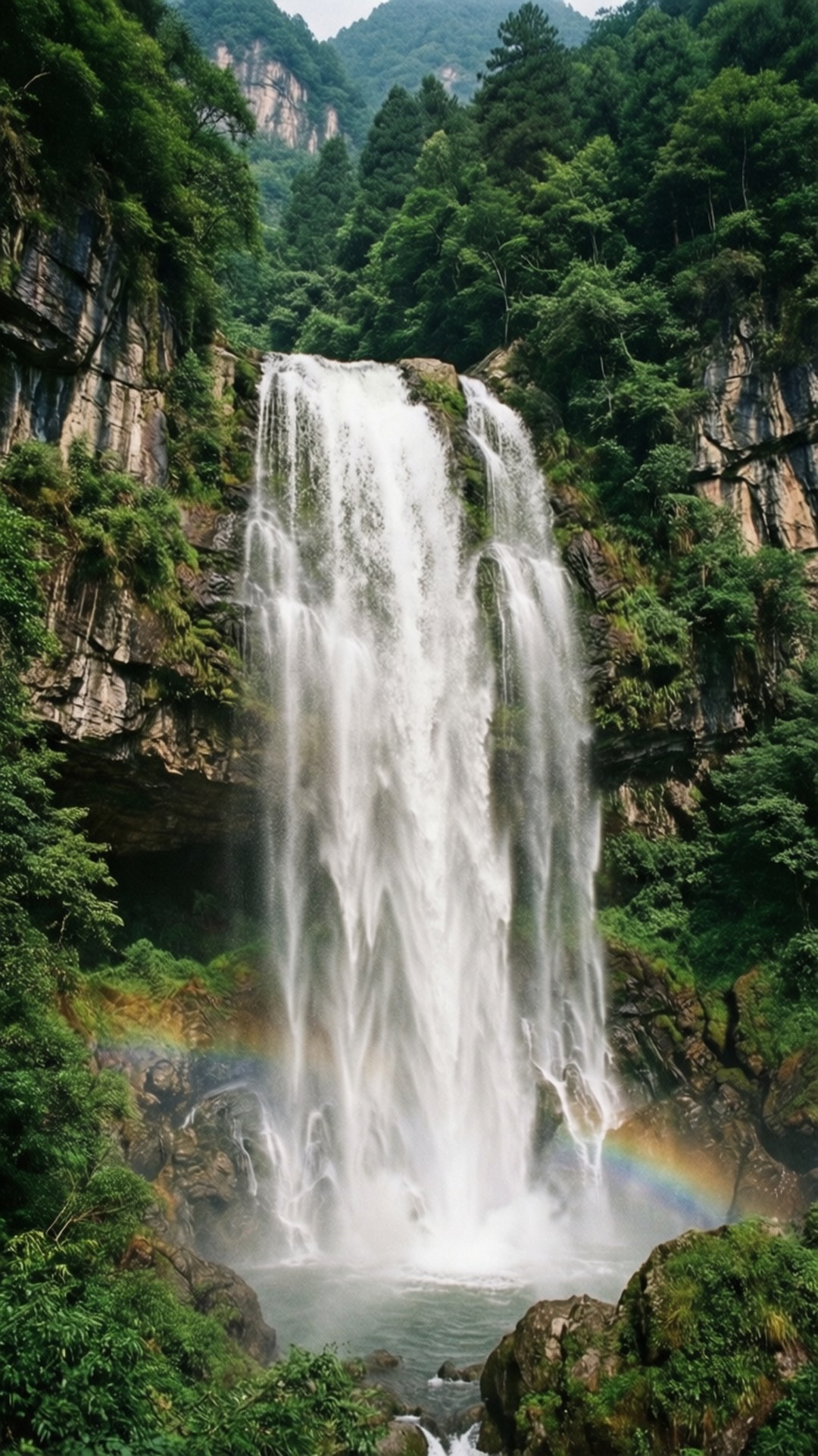 Baishuizhai Waterfall Rainbow 壁紙 — 雄偉的瀑布從長滿苔蘚的懸崖傾瀉而下，周圍是茂密的綠色森林，底部有一道鮮豔的彩虹拱起。