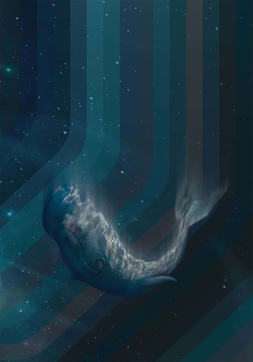  壁紙 — 一條雄偉的鯨魚在深藍色條紋和閃爍星星的宇宙海洋中滑行。