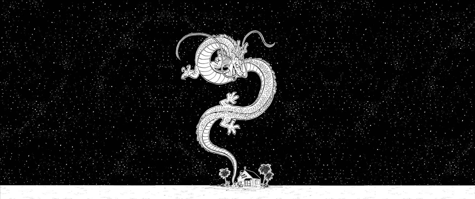  壁紙 — 一條雄偉的白色線條藝術龍盤旋在一間小屋之上，背景是繁星點點的夜空。