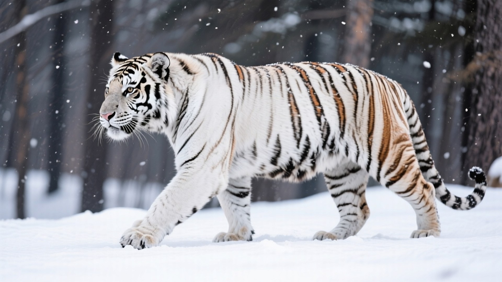 Tiger in Snow 壁紙 — 一隻雄偉的白虎帶有醒目的黑色條紋，在雪地森林中強而有力地行走，雪花在它周圍飄舞。