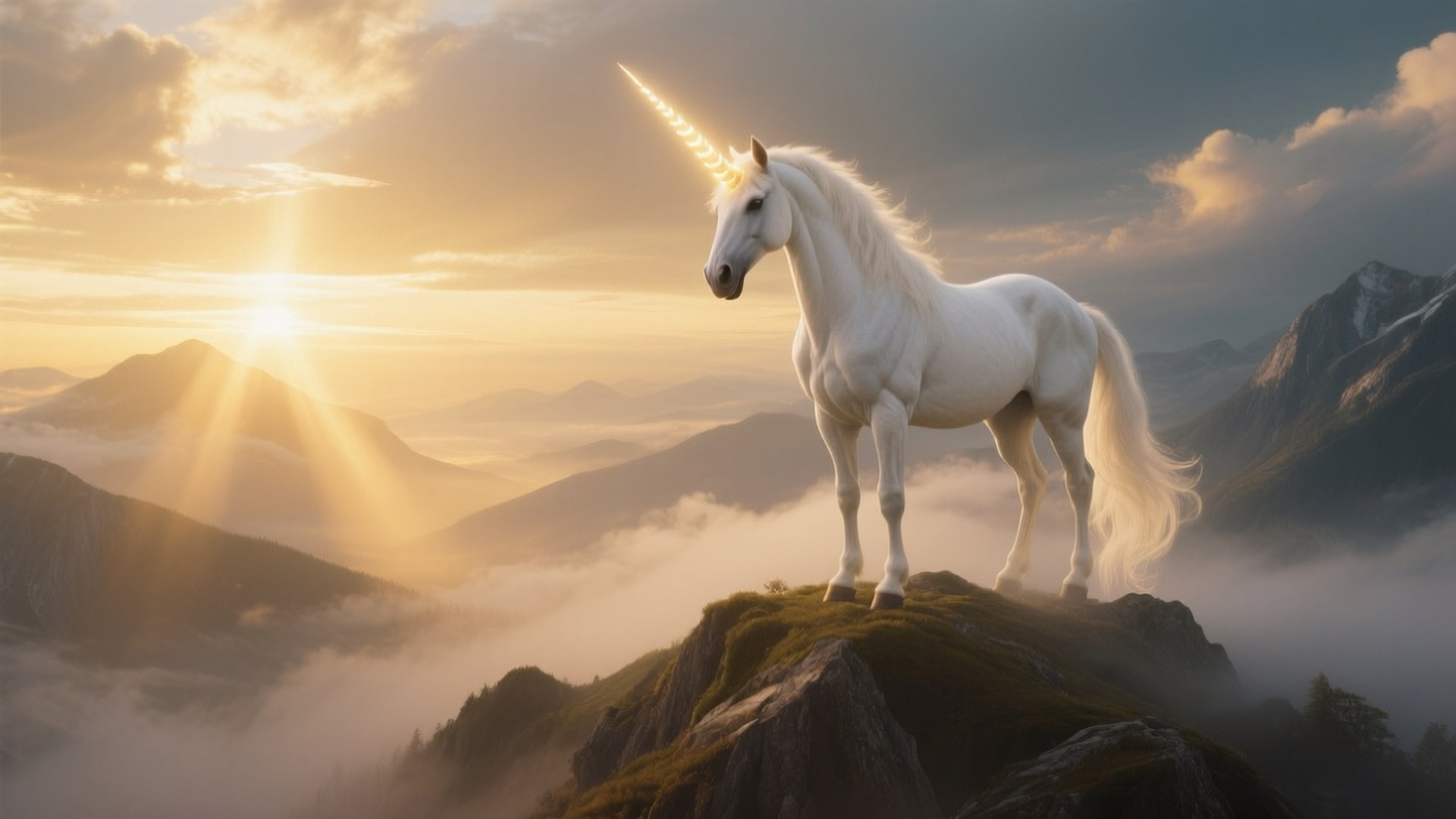 Celestial Dawn Unicorn 壁紙 — 一隻雄偉的白色獨角獸，帶有發光的角，站在霧氣繚繞的山頂上，金色的陽光穿過雲層。