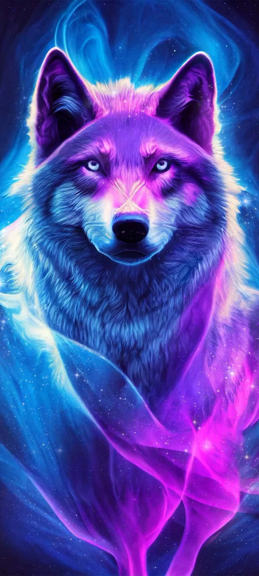  壁紙 — 一隻雄偉的狼，擁有發光的紫色和藍色毛髮，在充滿星星的宇宙星雲背景下強烈凝視。