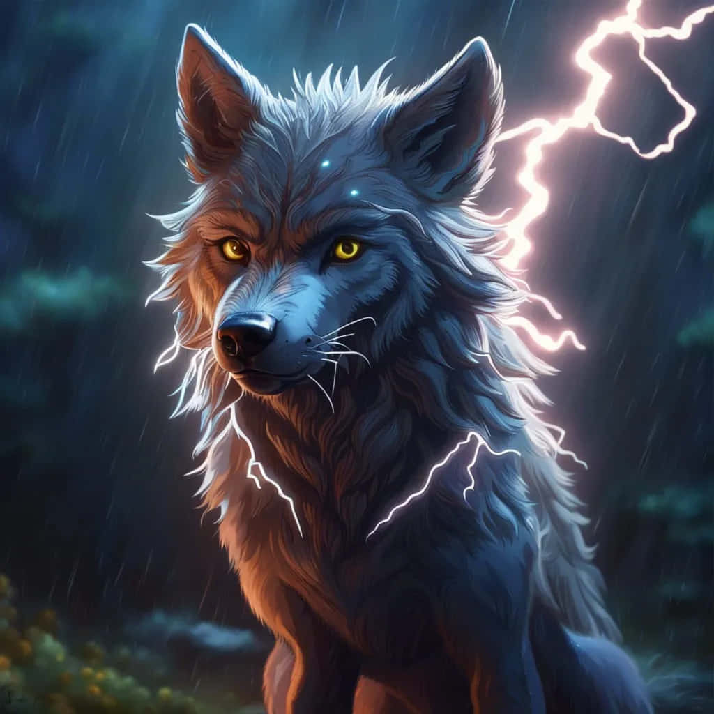  壁紙 — 一隻雄偉的狼，擁有發光的黃色眼睛，在暴風雨的夜晚森林中，閃電在牠的皮毛周圍劈啪作響，牠正凝視著。