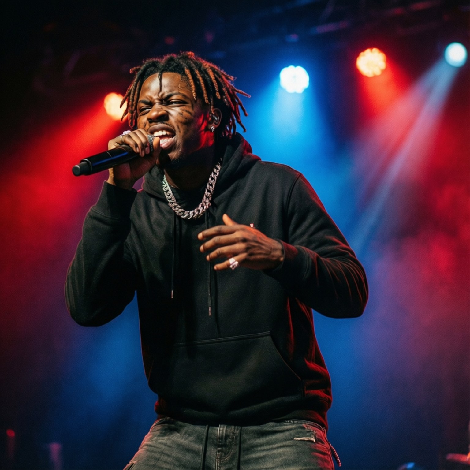 Stage Lights Carti 壁紙 — 一位男性饒舌歌手留著辮子，在充滿活力的紅色和藍色聚光燈下，穿著黑色連帽衫和鏈條，在舞台上熱情表演。