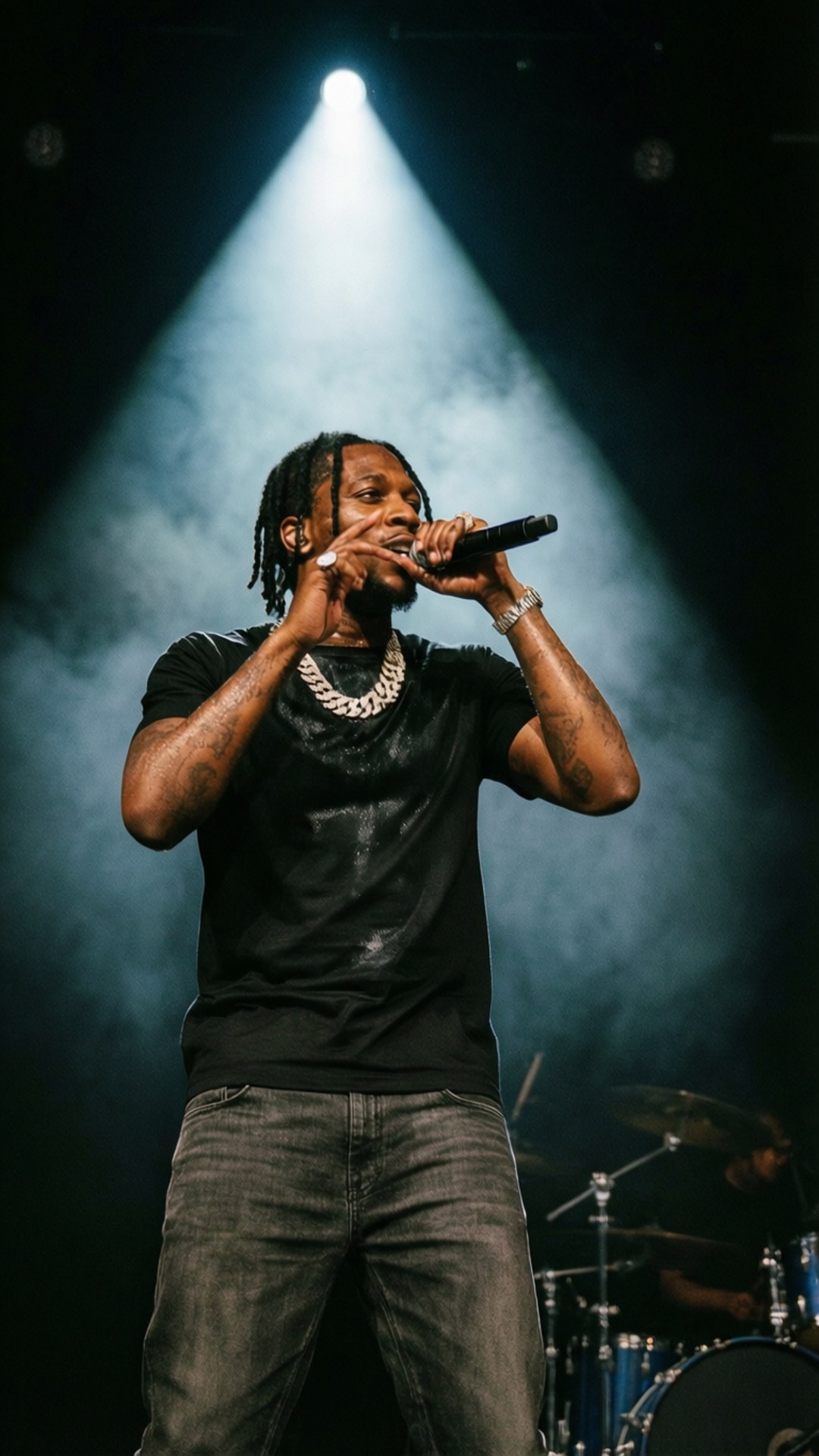 Stage Spotlight 壁紙 — 一位男性饒舌歌手留著辮子，在明亮的聚光燈下，在煙霧繚繞的舞台上表演，身穿黑色T恤和牛仔褲。