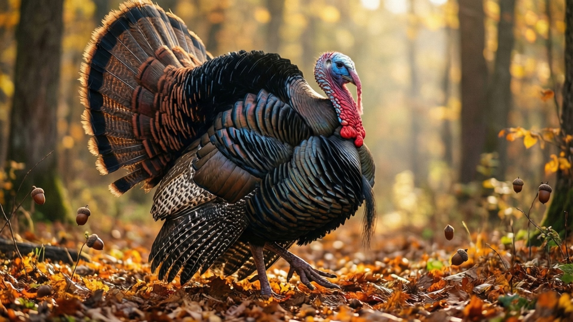 Turkey in Autumn Glory 壁紙 — 一隻雄性火雞自豪地走過陽光普照的秋日森林地面，地上鋪滿金色樹葉和橡子。