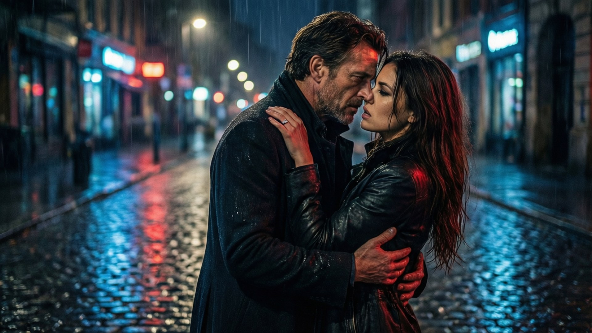 Rainy Embrace 壁紙 — 一男一女在雨濕的鵝卵石街道上，在夜晚閃爍的霓虹燈下熱情擁抱。