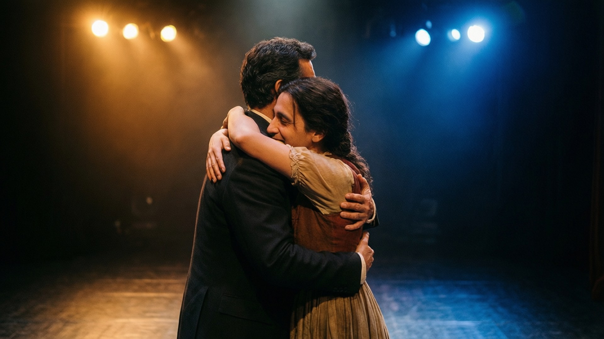Theater Embrace 壁紙 — 一男一女在昏暗的舞台上溫柔擁抱，沐浴在溫暖與冷色調的聚光燈下。