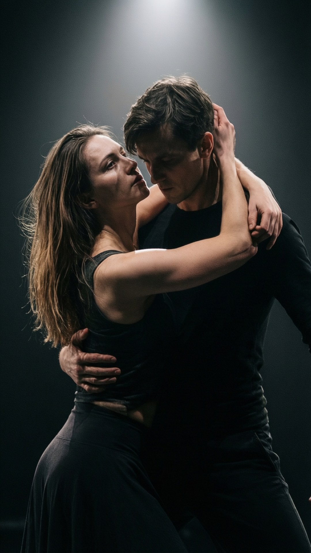 Intimate Dance Duet 壁紙 — 一男一女身穿黑色衣服，在黑暗背景下於單一聚光燈下親密起舞。