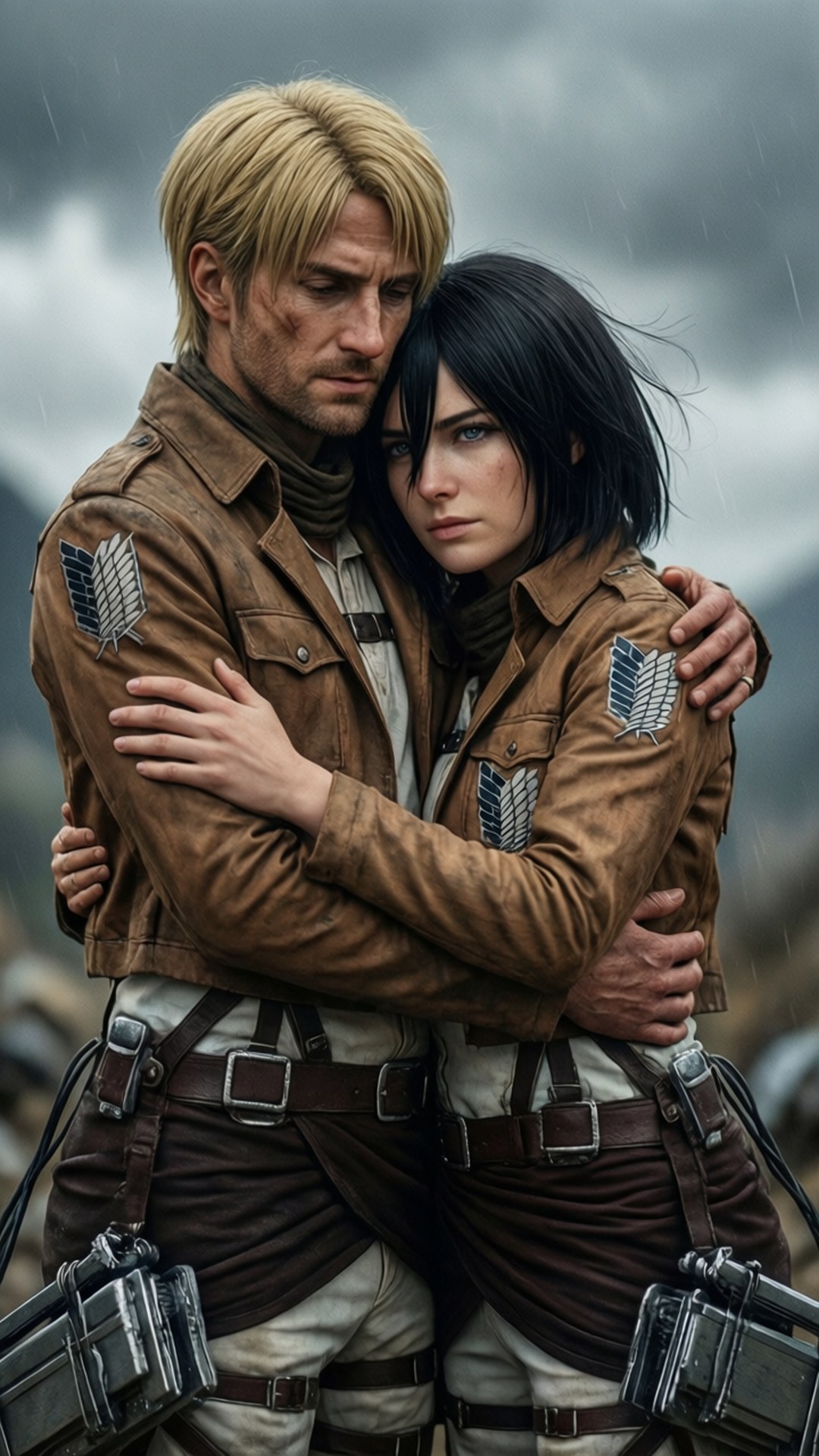 Levi and Mikasa Embrace 壁紙 — 一名身穿帶有翼狀徽章的棕色軍裝外套的男女在暴風雨的灰色天空下緊緊擁抱。