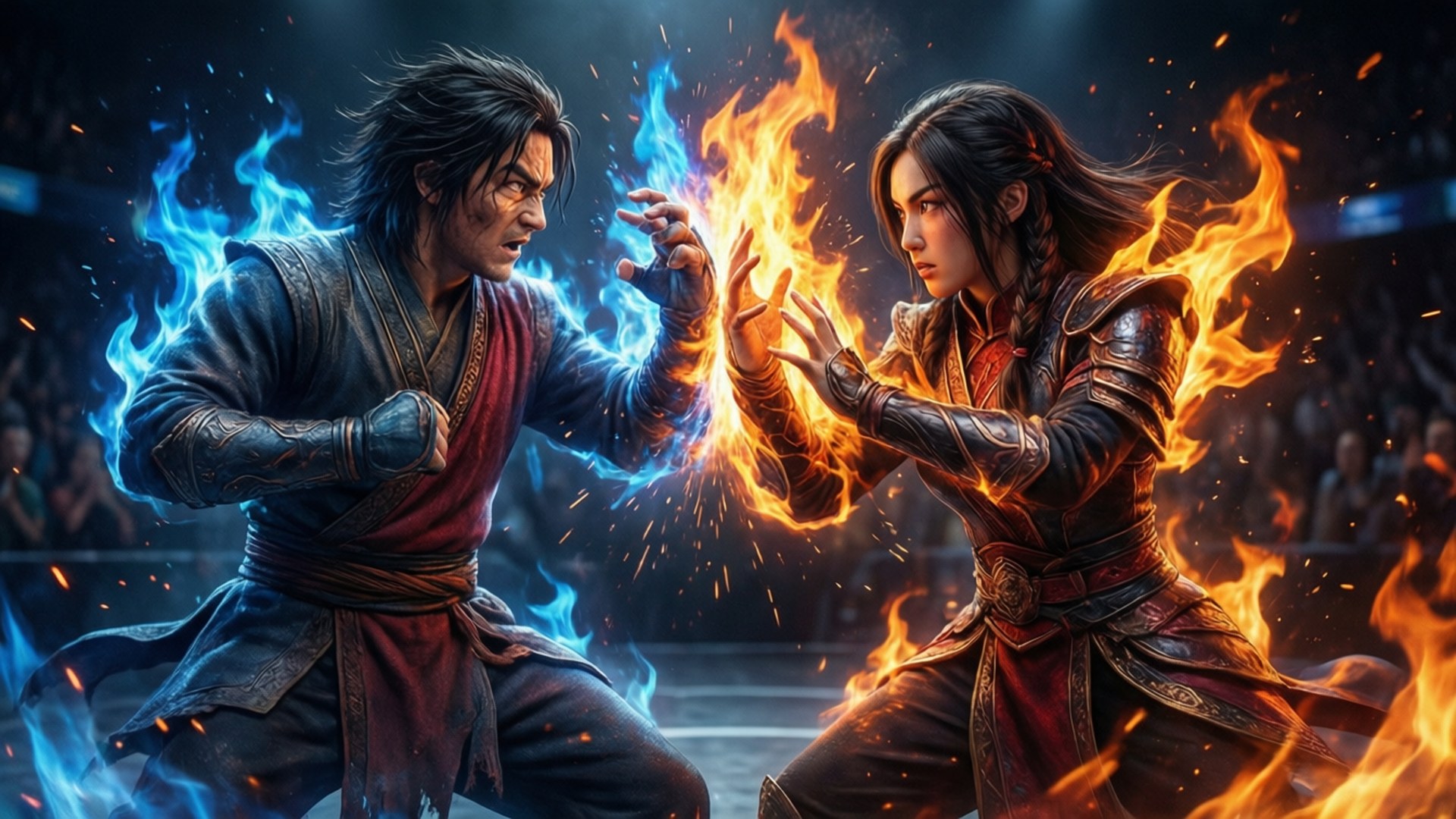 Agni Kai: Zuko vs Azula 壁紙 — 一男一女以戰鬥姿態對峙，藍色和橙色火焰從他們手中噴發，形成戲劇性的對峙。