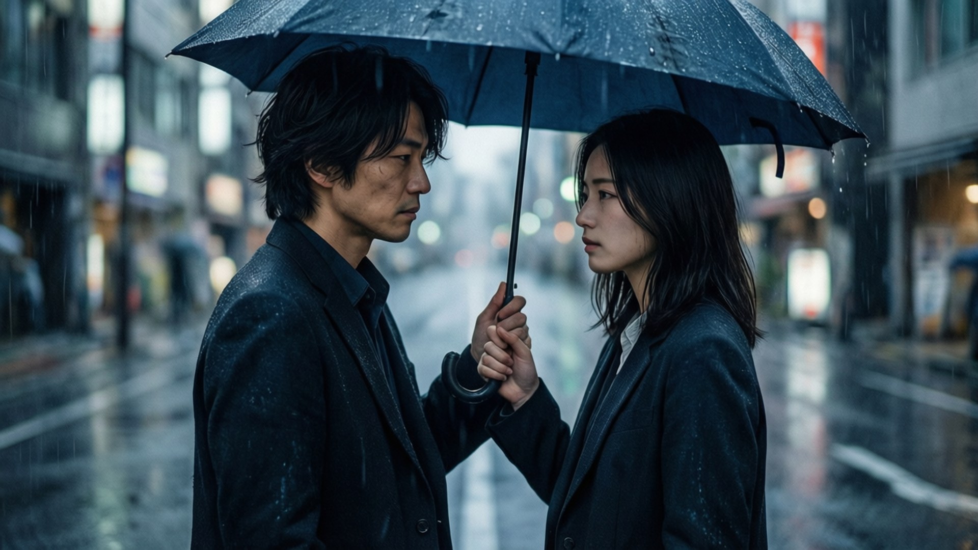 Rainy Umbrella Duo 壁紙 — 一男一女身穿深色外套，在雨中的城市街道上共用一把黑色雨傘，模糊的霓虹燈光反射在潮濕的路面上。