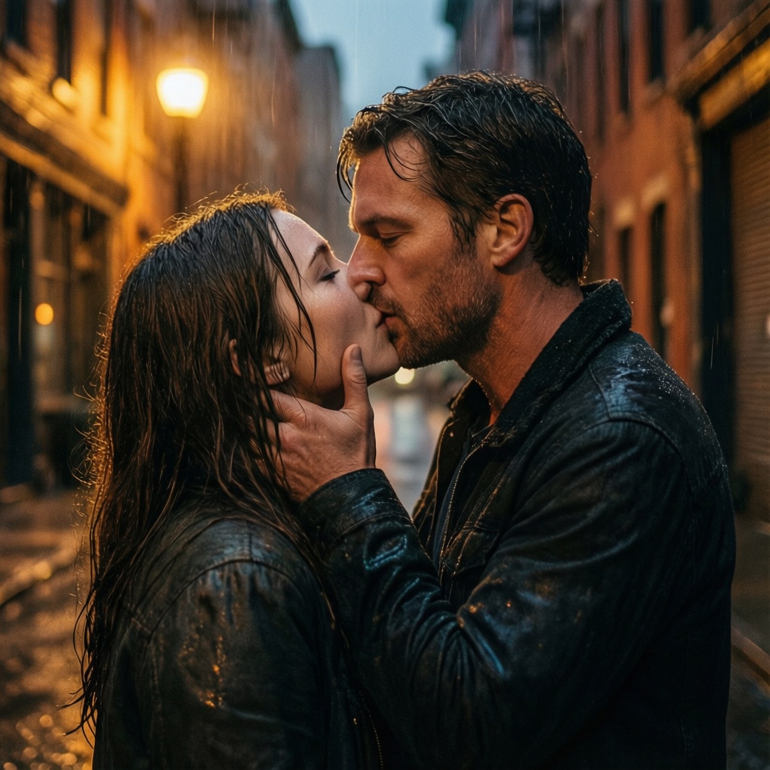 Rainy Kiss 壁紙 — 一男一女穿著濕皮夾克在雨中巷弄的路燈下熱情接吻。
