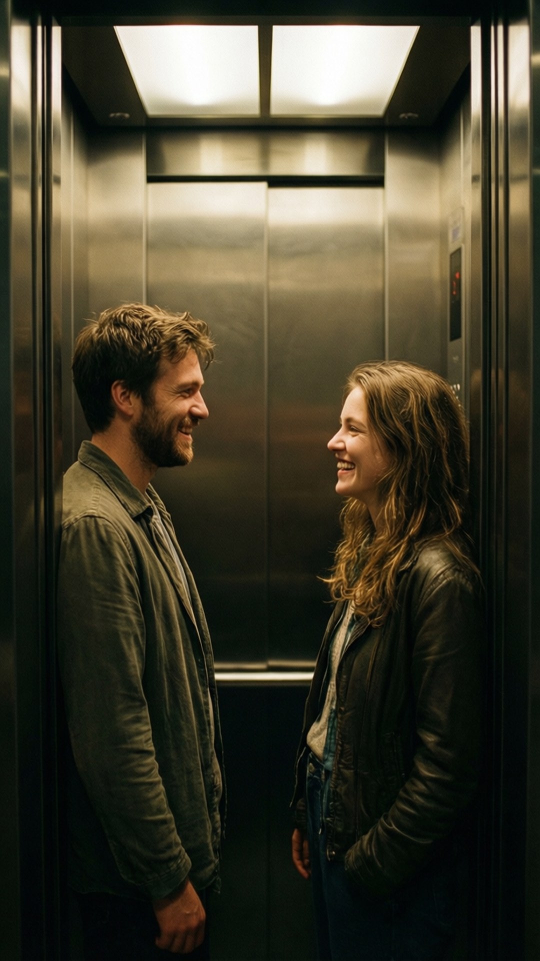 Elevator First Meeting 壁紙 — 一男一女在不鏽鋼電梯內互相溫暖微笑，電梯設計時尚，配有柔和頂燈。