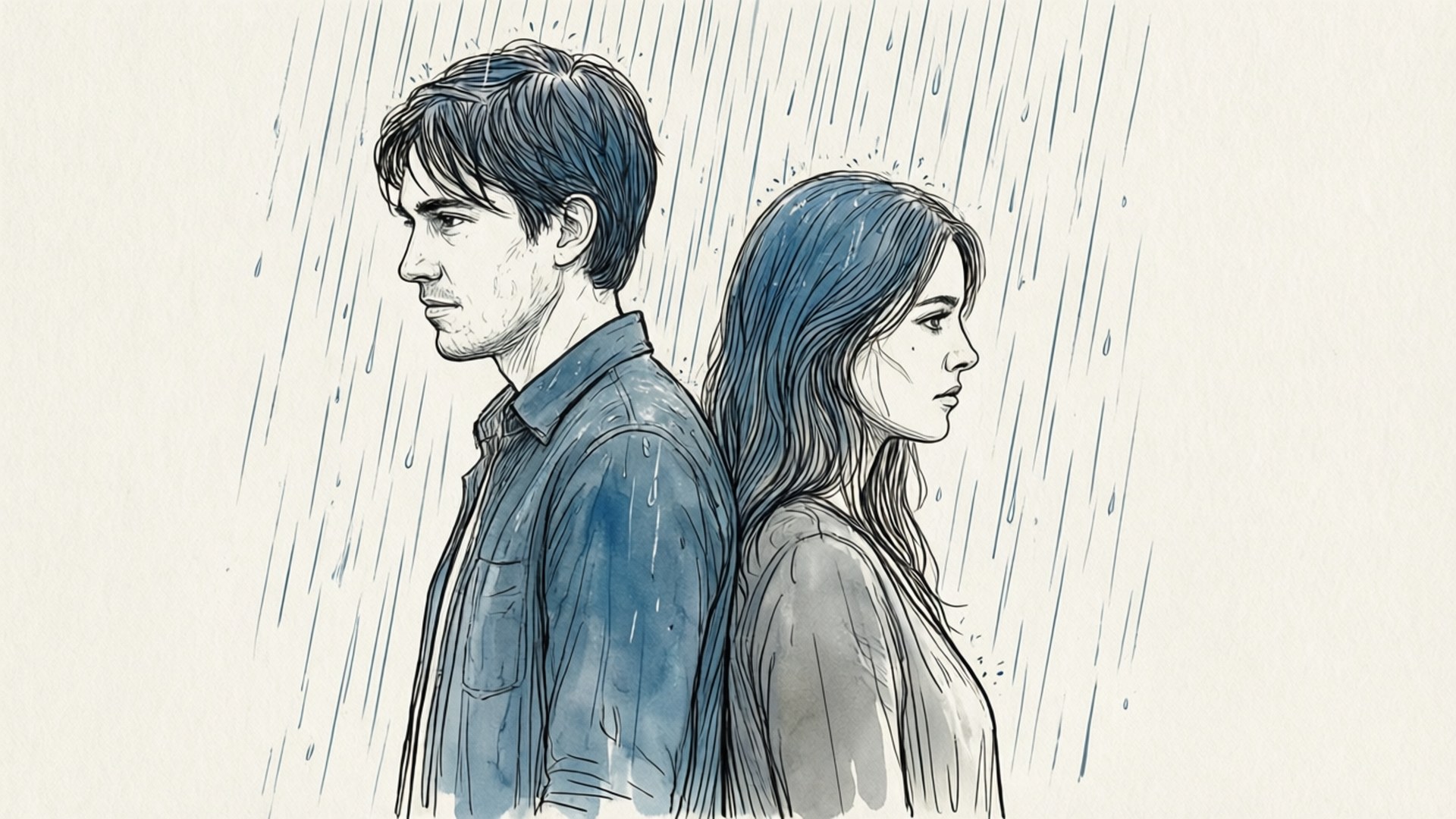 Rain Between US 壁紙 — 一男一女背對背站在雨中，表情陰沉，以極簡墨水和水彩插畫呈現。