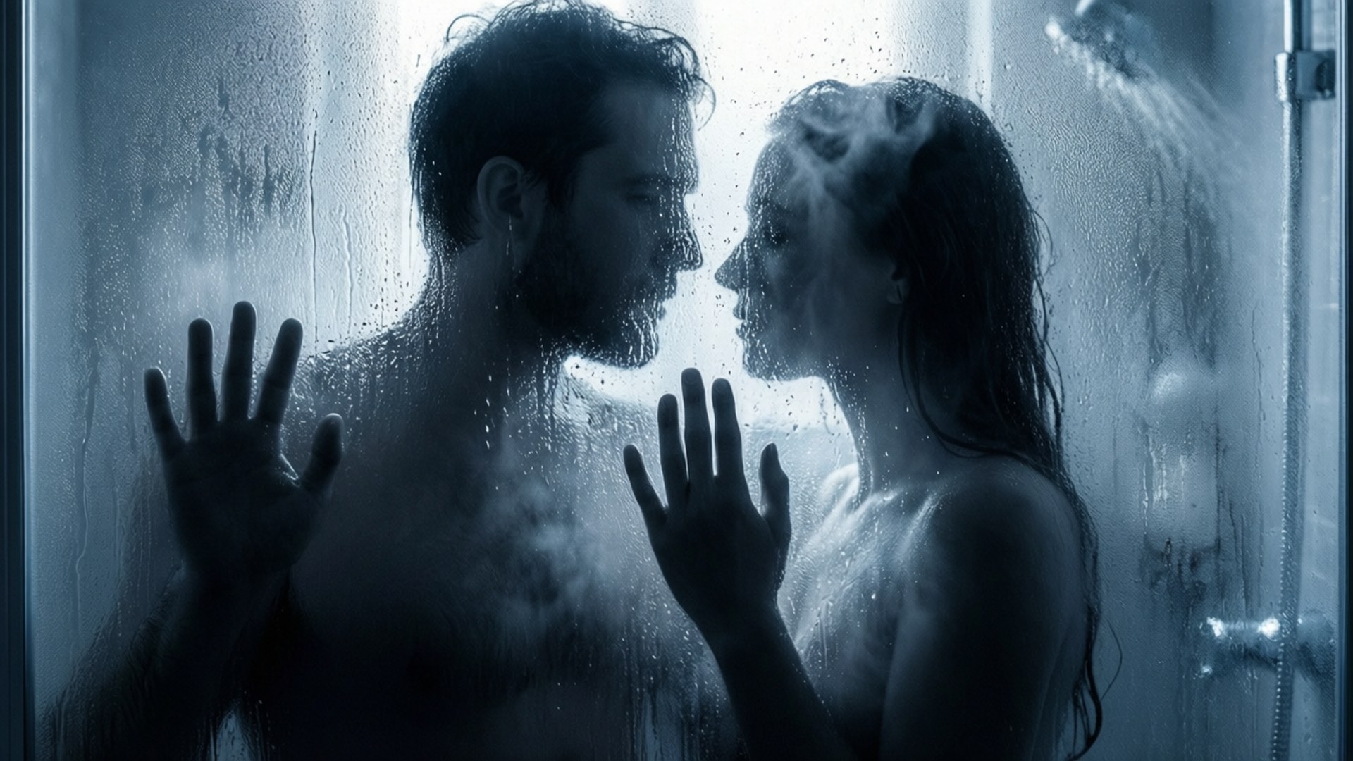 Steam and Desire 壁紙 — 一個男人和一個女人在充滿蒸氣的淋浴間面對面站立，雙手按在濕玻璃上，水在他們周圍傾瀉而下。