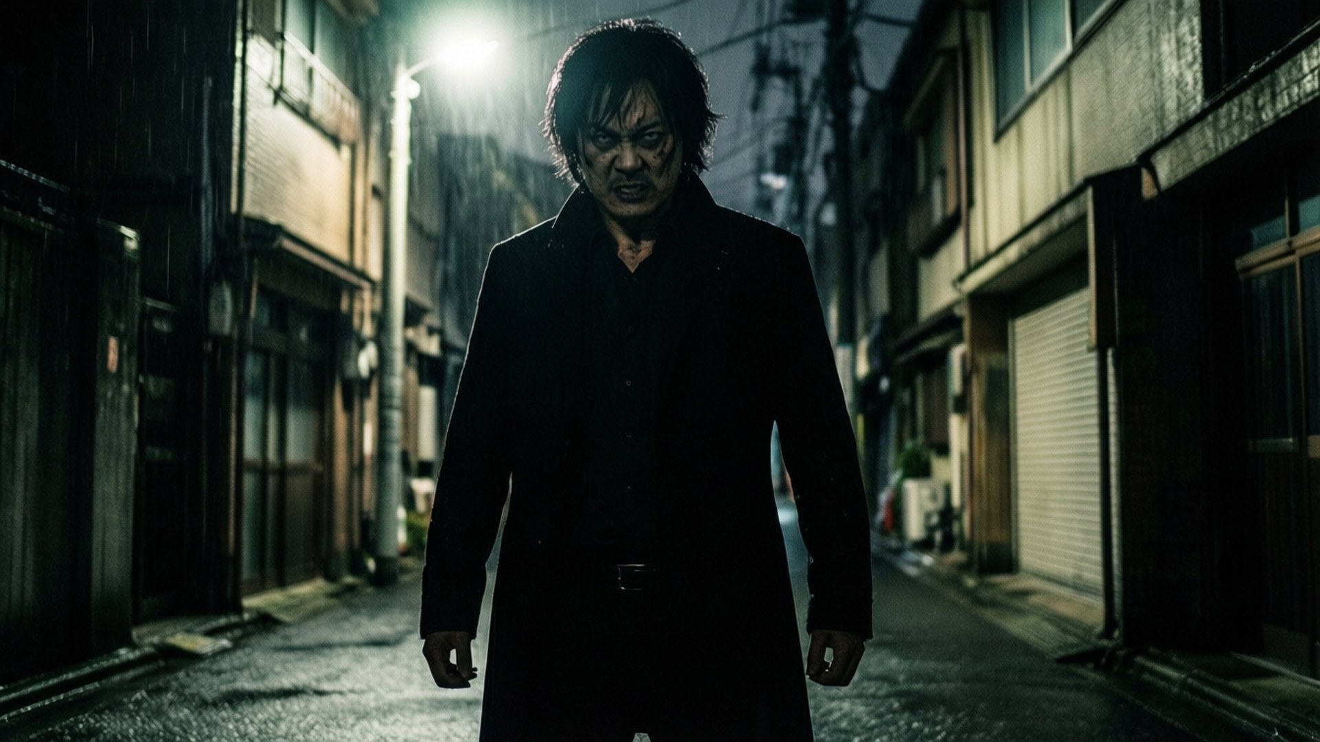 Shadow of Evil 壁紙 — 一個穿著黑色外套的男人在夜晚沿著一條被雨水浸濕的小巷行走，頭頂只有一盞刺眼的街燈。