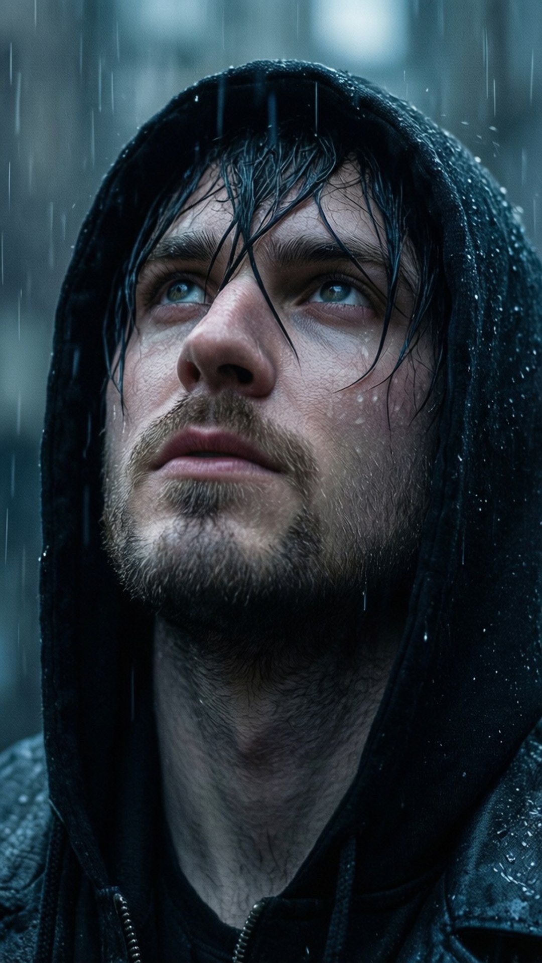 Rain Gaze 壁紙 — 一個穿著黑色連帽外套的男人向上凝視，藍色的眼睛在雨水順著他濕透的臉龐和頭髮流下時，映襯著模糊的城市背景。