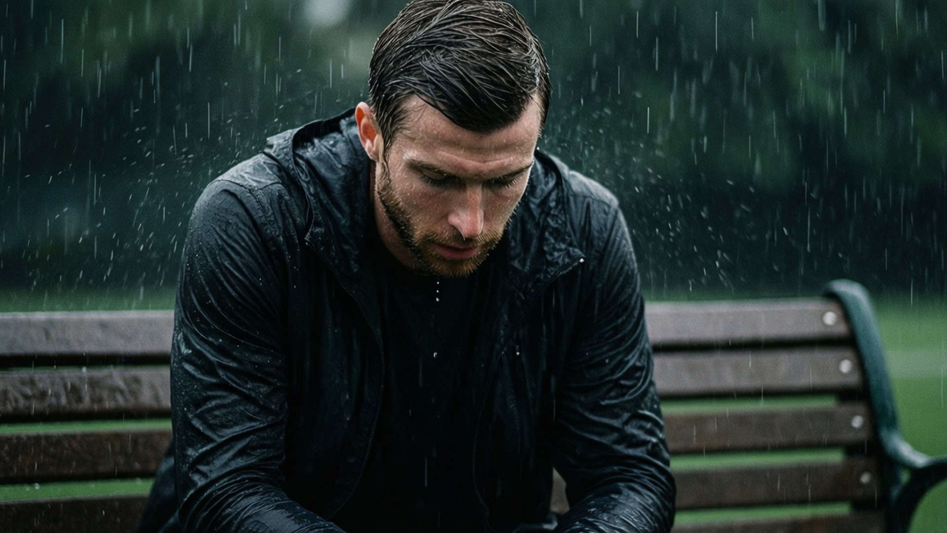 Rainy Day Reflection 壁紙 — 一個穿著黑色雨衣的男人癱坐在木長椅上，周圍大雨傾盆。