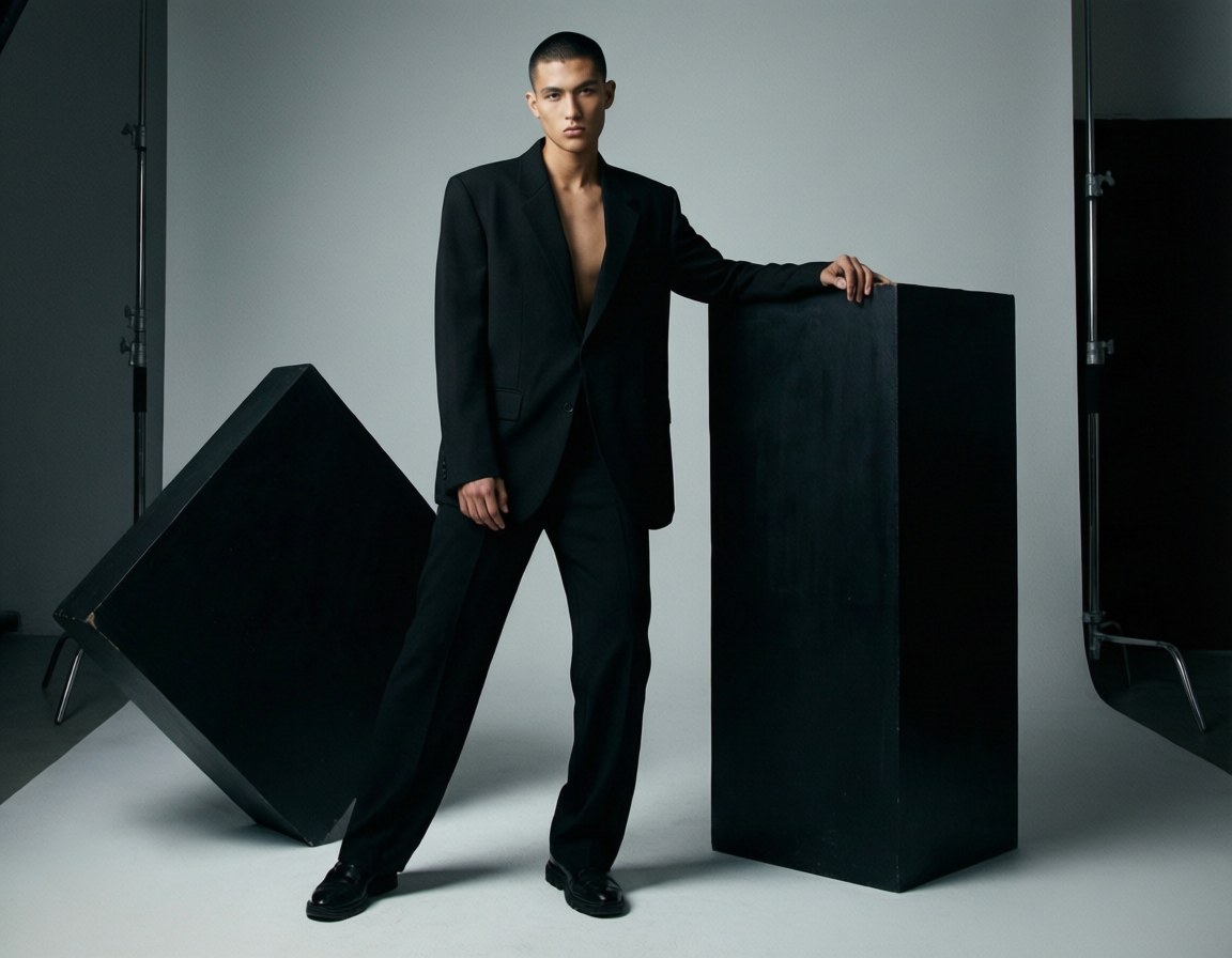 Fashion Editorial Studio 壁紙 — 一個穿著黑色西裝的男人自信地站在兩個大型黑色幾何塊之間，在一個極簡主義的工作室中。