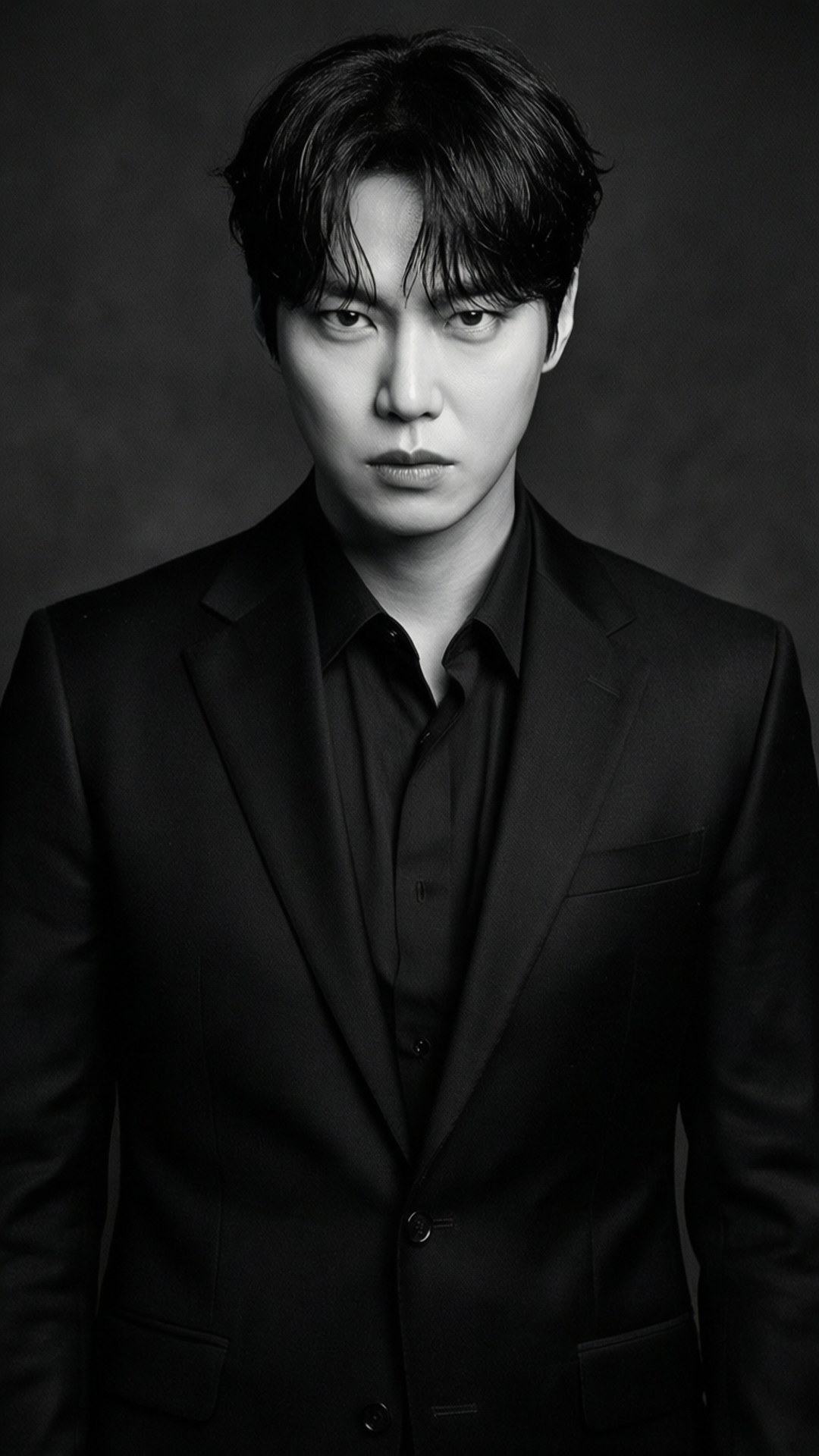 Elegant Black and White 壁紙 — 一個穿著黑色西裝的男人在深色紋理背景下，以高對比度的黑白肖像照凝視著相機。