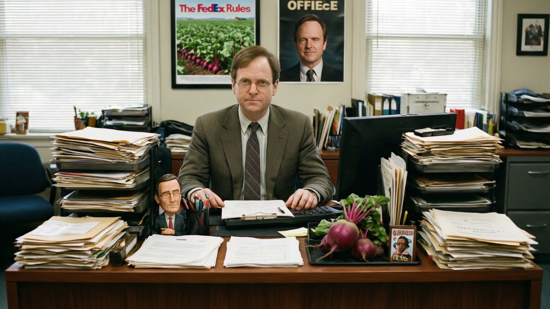 Dwight's Organized Desk 壁紙 — 一個身穿棕色西裝的男人坐在一張雜亂的木桌上，周圍堆滿了高聳的紙張和辦公用品。