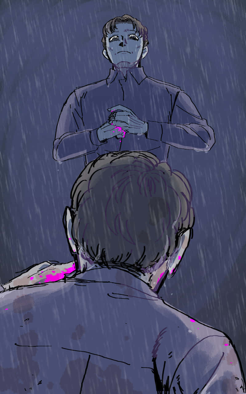  壁紙 — 一個穿著深色襯衫的男人站在雨中，手持發光的粉紅色液體，另一個男人從後面觀看。