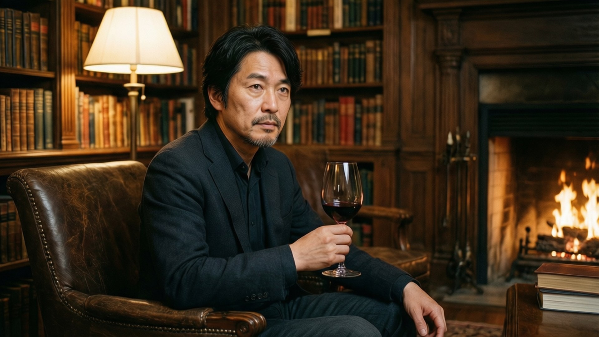 Library Contemplation 壁紙 — 一個穿著深色西裝的男人坐在皮椅上，在一個有壁爐和書架的舒適圖書館裡拿著一杯紅酒。