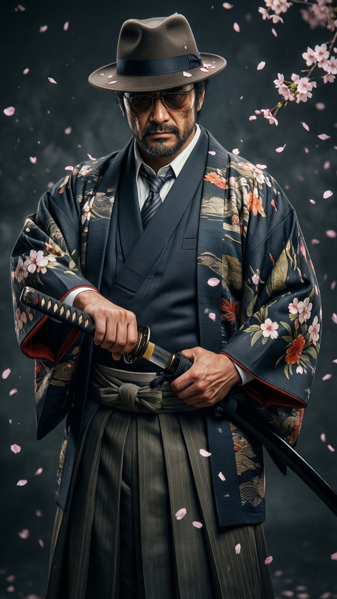 Samurai Gangster 壁紙 — 一名身穿花卉和服、戴著軟呢帽的男子，在黑暗背景下，櫻花飄落，手持武士刀。