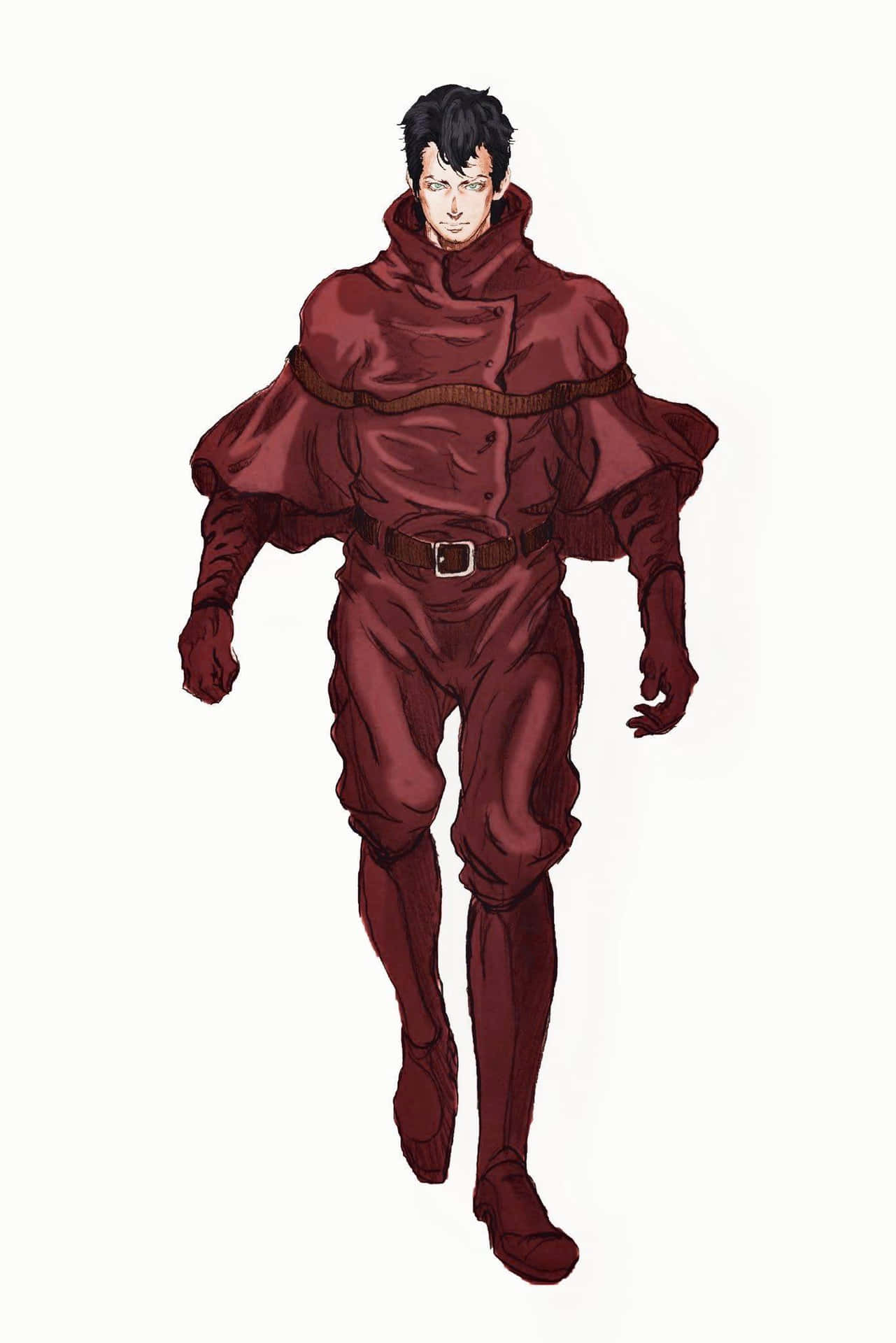  壁紙 — 一個穿著飄逸栗色連帽服裝的男人，在樸素背景前帶著堅定的表情大步向前。