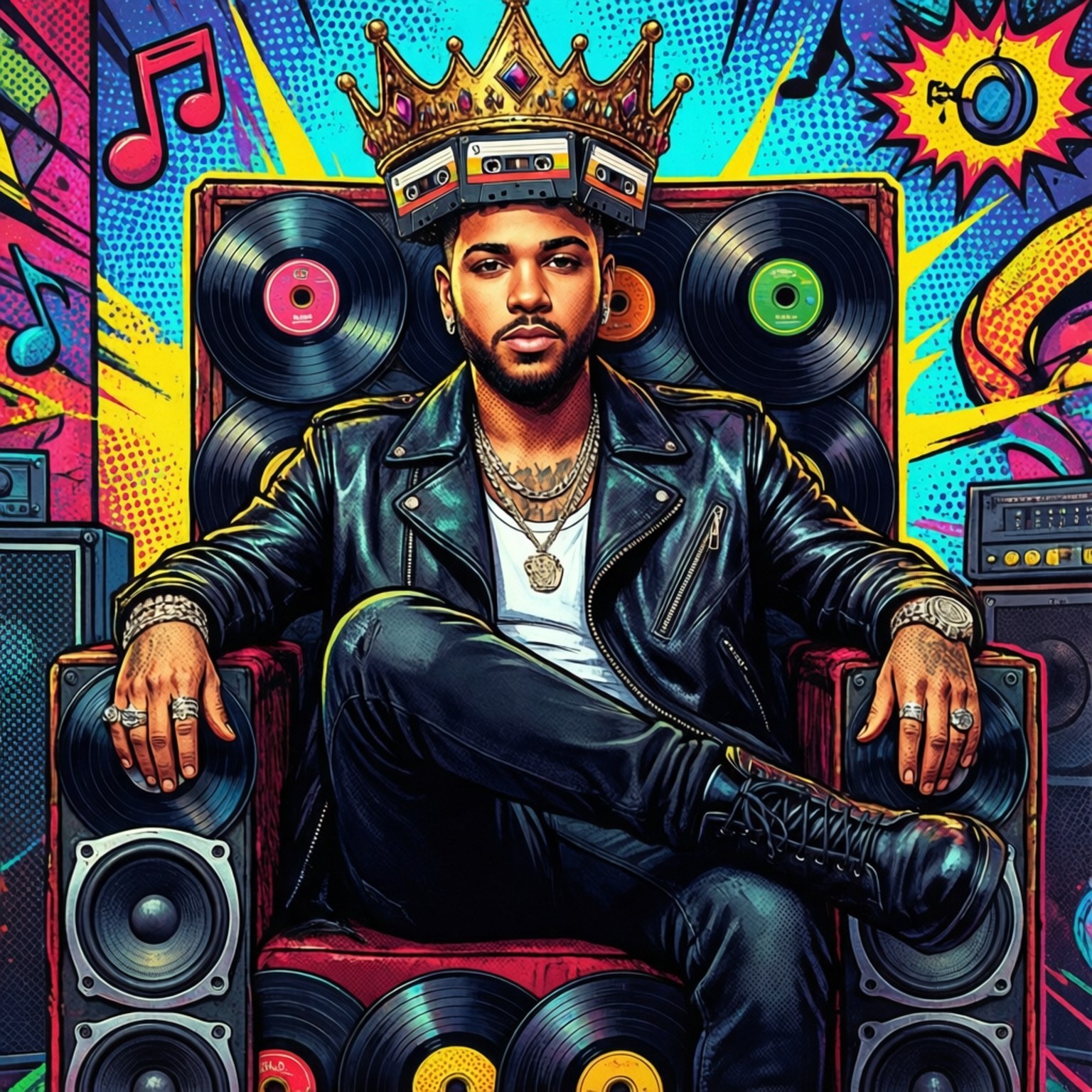 Music Throne 壁紙 — 一個穿著皮夾克的男人威嚴地坐在一個由黑膠唱片和揚聲器製成、並以卡式帶加冕的王座上。