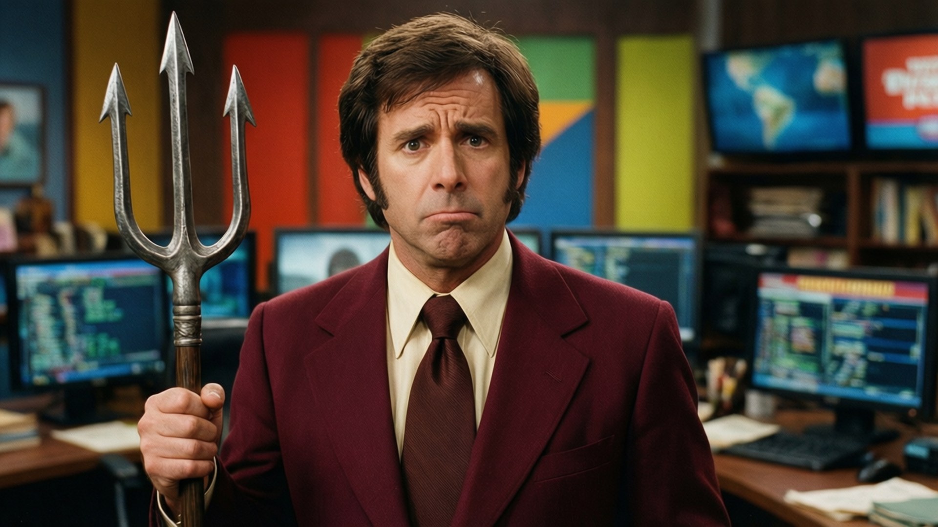 steve carell 桌布 壁紙 — 一名身穿栗色西裝的男子在一個雜亂無章、佈滿顯示器的新聞編輯室中手持三叉戟。