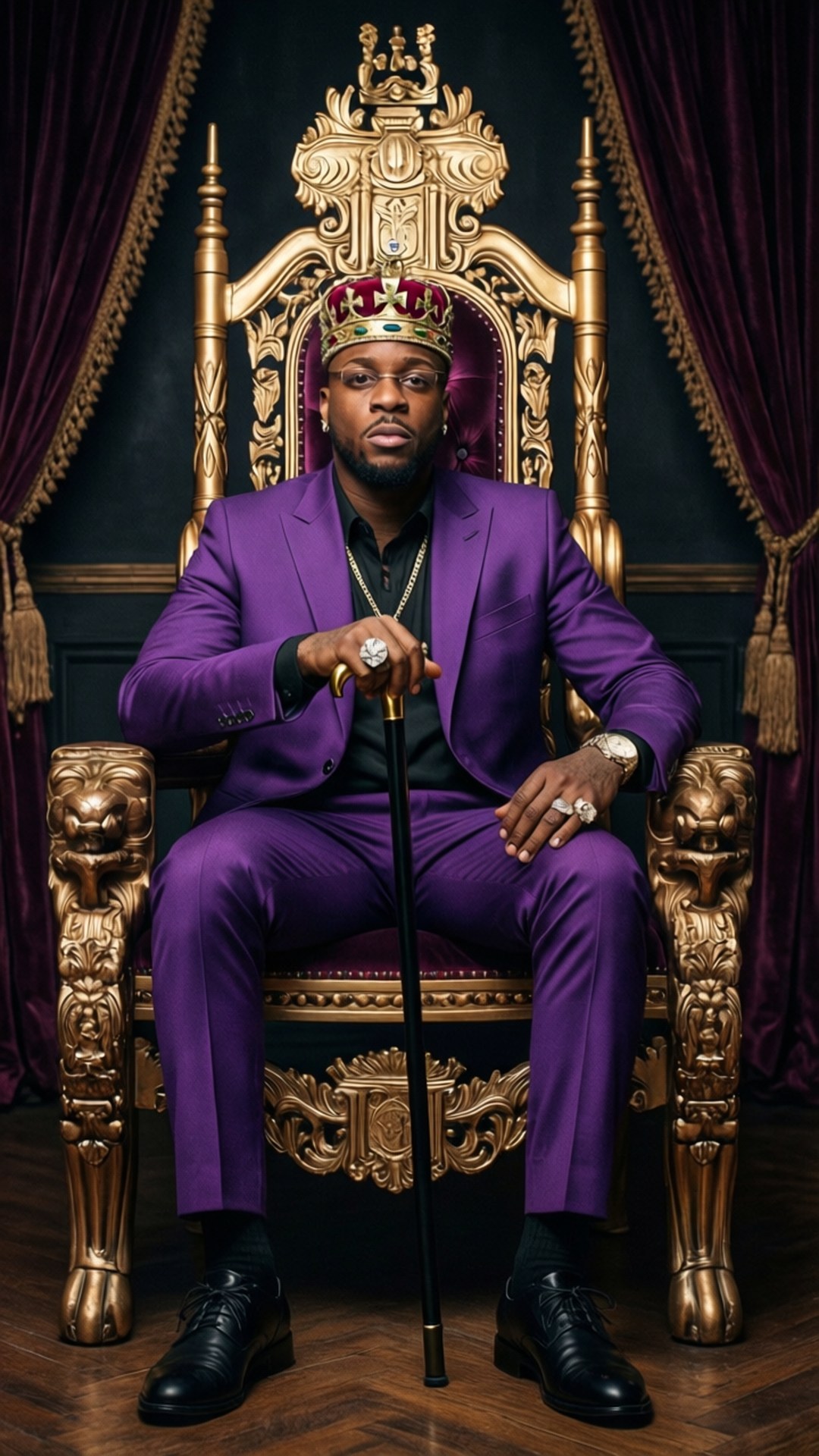 Royal Rap 壁紙 — 一名身穿紫色西裝和皇冠的男子威嚴地坐在華麗的金色王座上，兩側是天鵝絨窗簾。