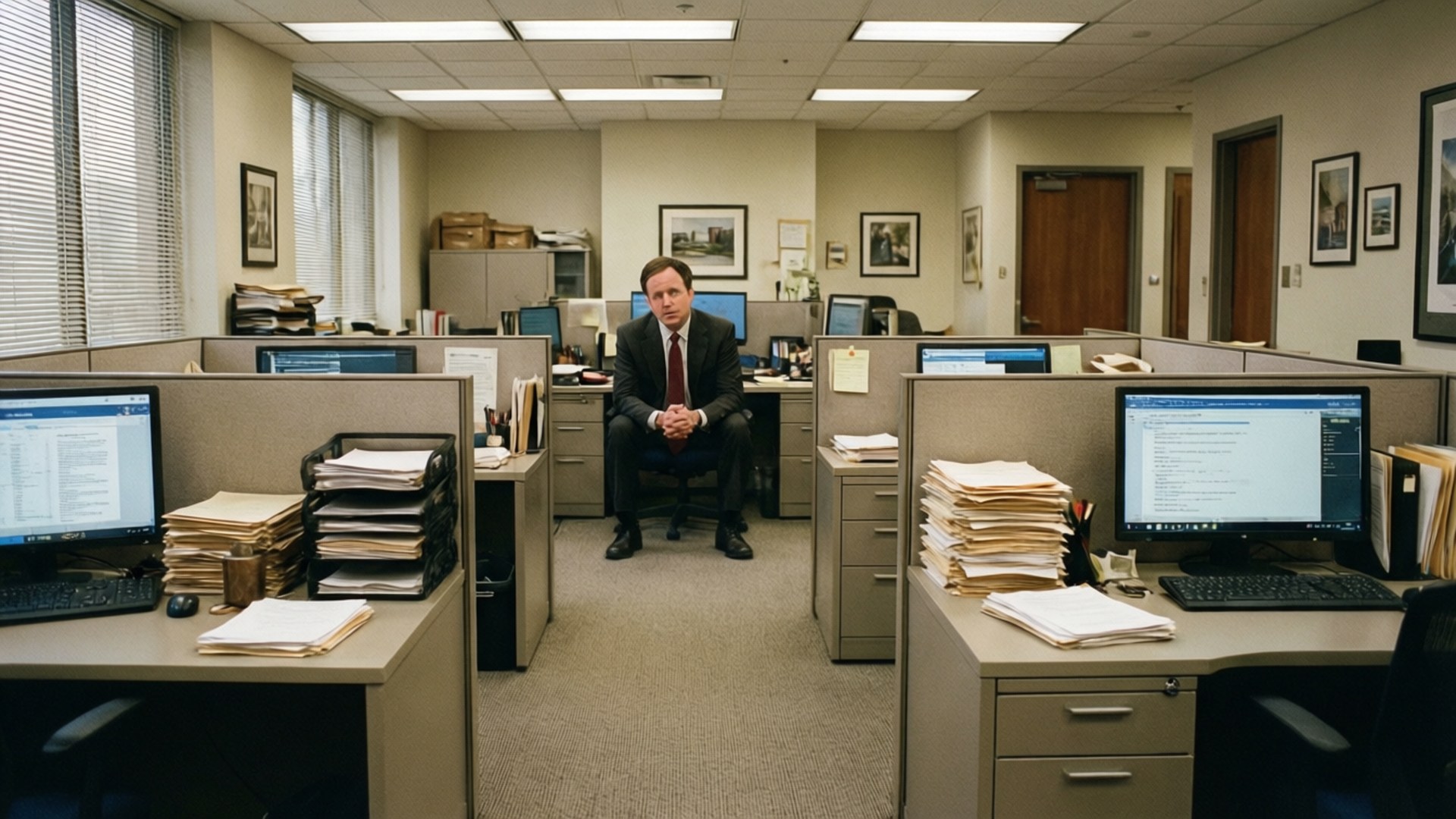 Dunder Mifflin Bullpen 壁紙 — 一名身穿西裝的男子坐在雜亂的米色辦公室隔間農場中央，周圍堆滿了紙張和電腦顯示器。