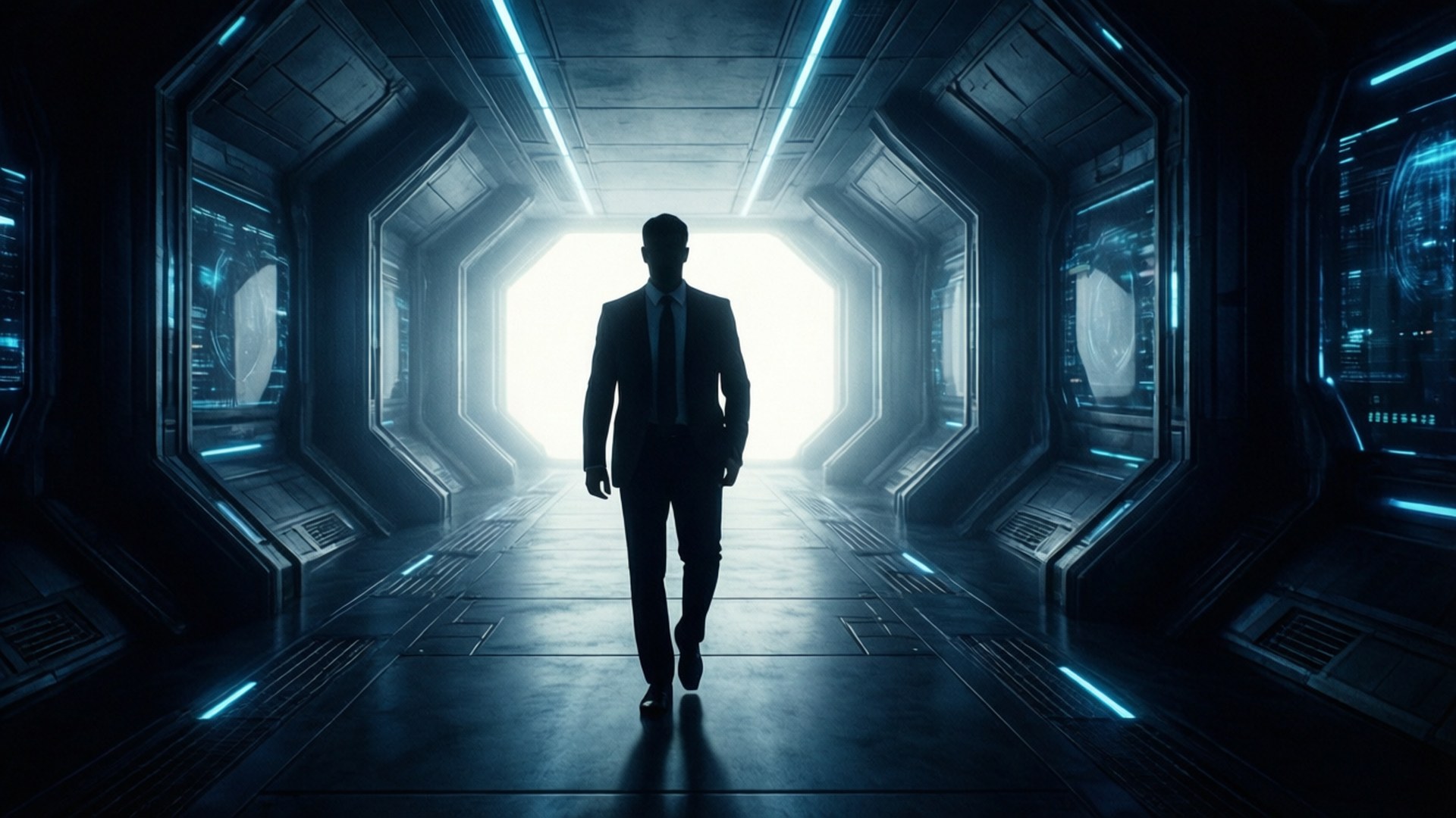 Futuristic Corridor Walk 壁紙 — 一名身穿西裝的男子沿著未來感十足的藍色燈光太空船走廊走向明亮的發光出口。