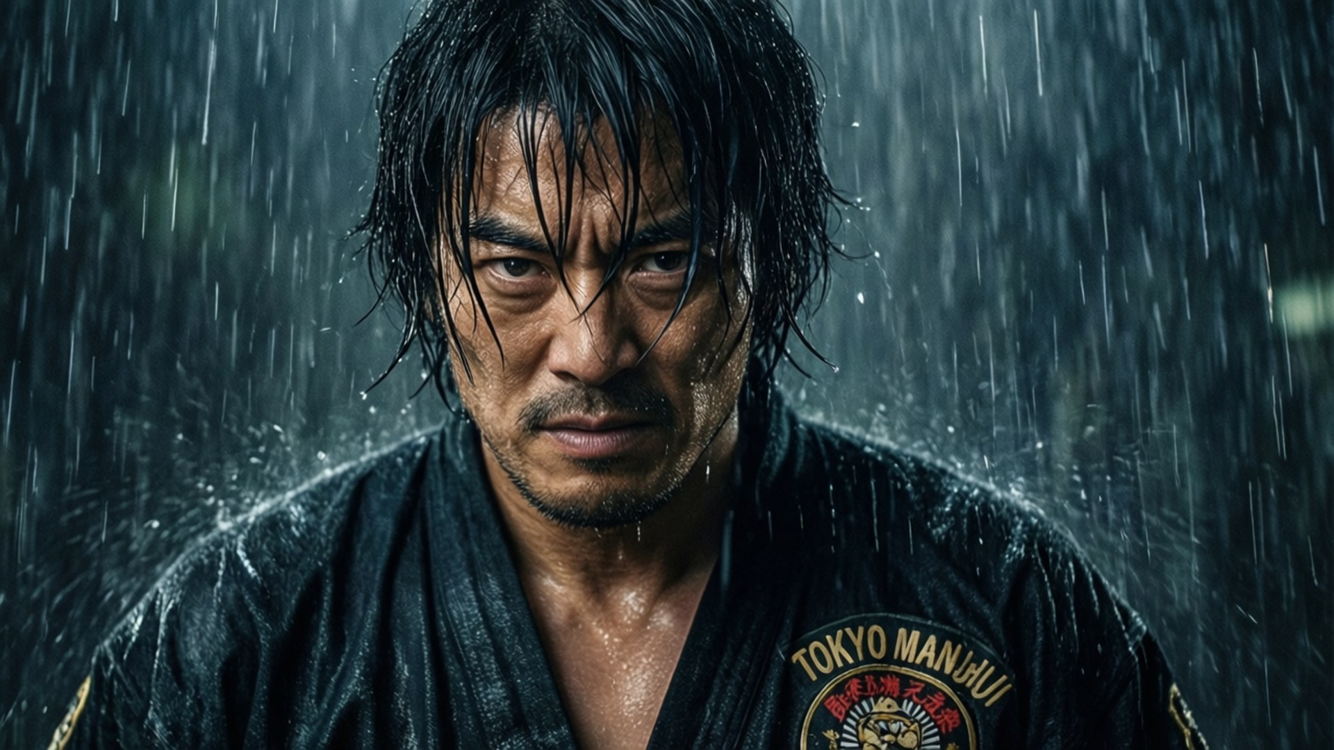 Rainstorm Gaze 壁紙 — 一個穿著濕透黑色武術道服的男人在傾盆大雨中，頭髮和臉上的水滴落，專注地凝視著相機。