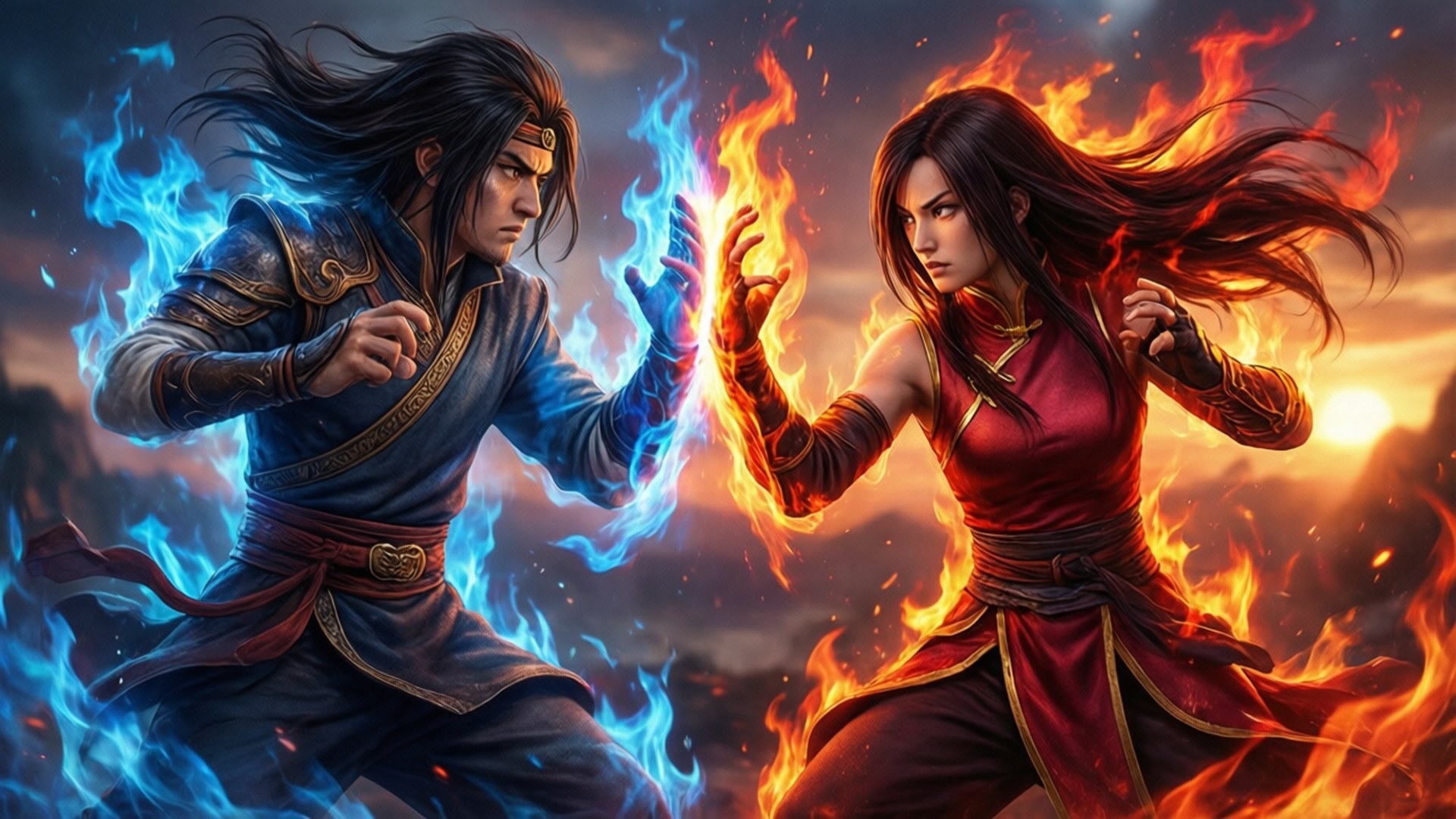 Sibling Agni Kai 壁紙 — 一個身穿藍色盔甲的男人引導冰冷火焰，而一個身穿紅色盔甲的女人揮舞著熾熱的火焰，形成戲劇性的對峙。