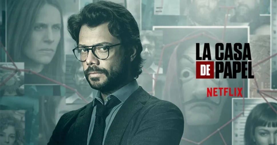 Netflix《紙房子》海報上戴眼鏡穿西裝的男子，以及戴面具的面孔和紅線。 — 4K 壁紙