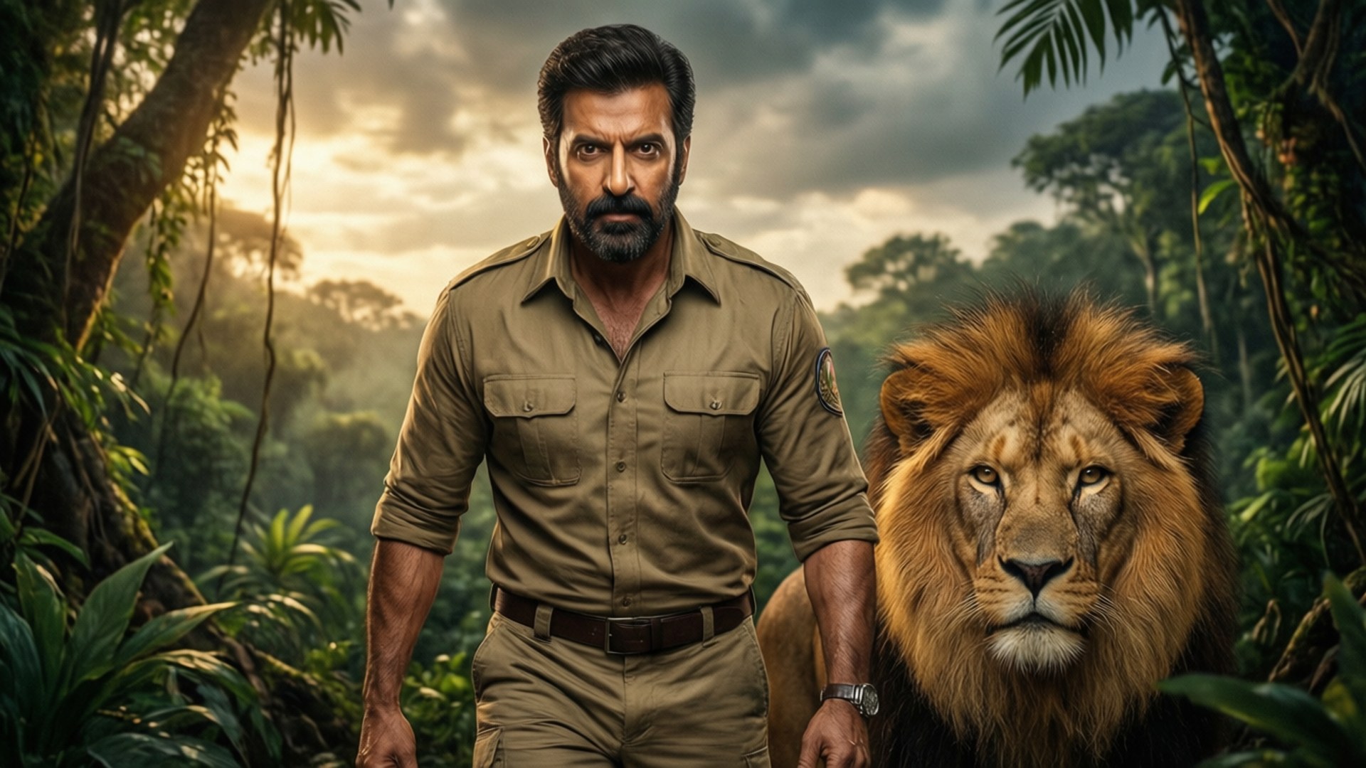 King Of The Jungle 壁紙 — 一名身穿卡其色狩獵裝備的男子在日落時分的茂密叢林中，站在一頭雄偉的雄獅旁邊。