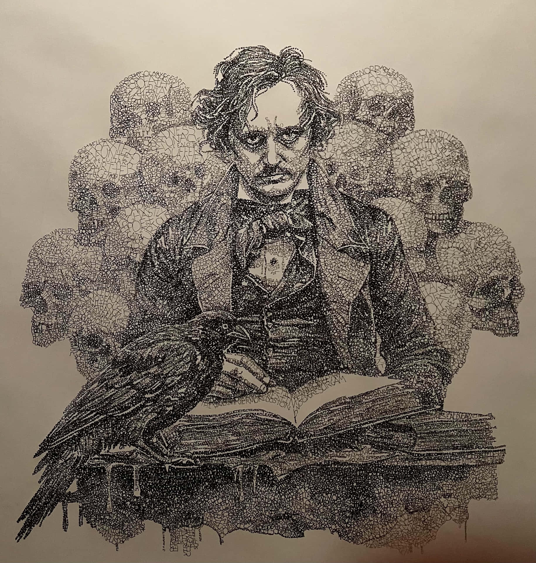  壁紙 — 一個穿著復古服裝的男人正在看書，一隻烏鴉棲息在他旁邊，周圍環繞著幽靈般的頭骨，這是一幅細緻的點畫插圖。