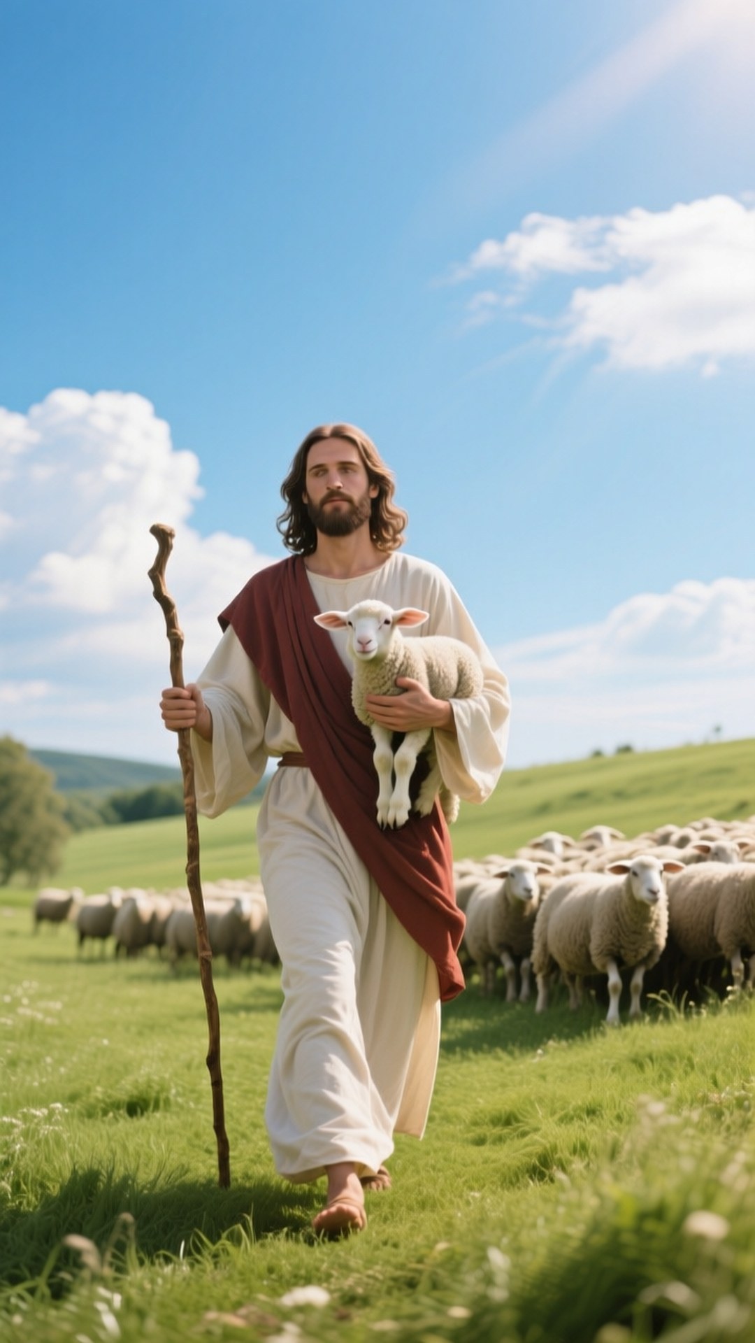 Good Shepherd Son 壁紙 — 一個穿著白色長袍的男人抱著一隻羔羊，在陽光明媚的綠色田野中行走，身後有一群羊，頭上是藍天和蓬鬆的雲朵。