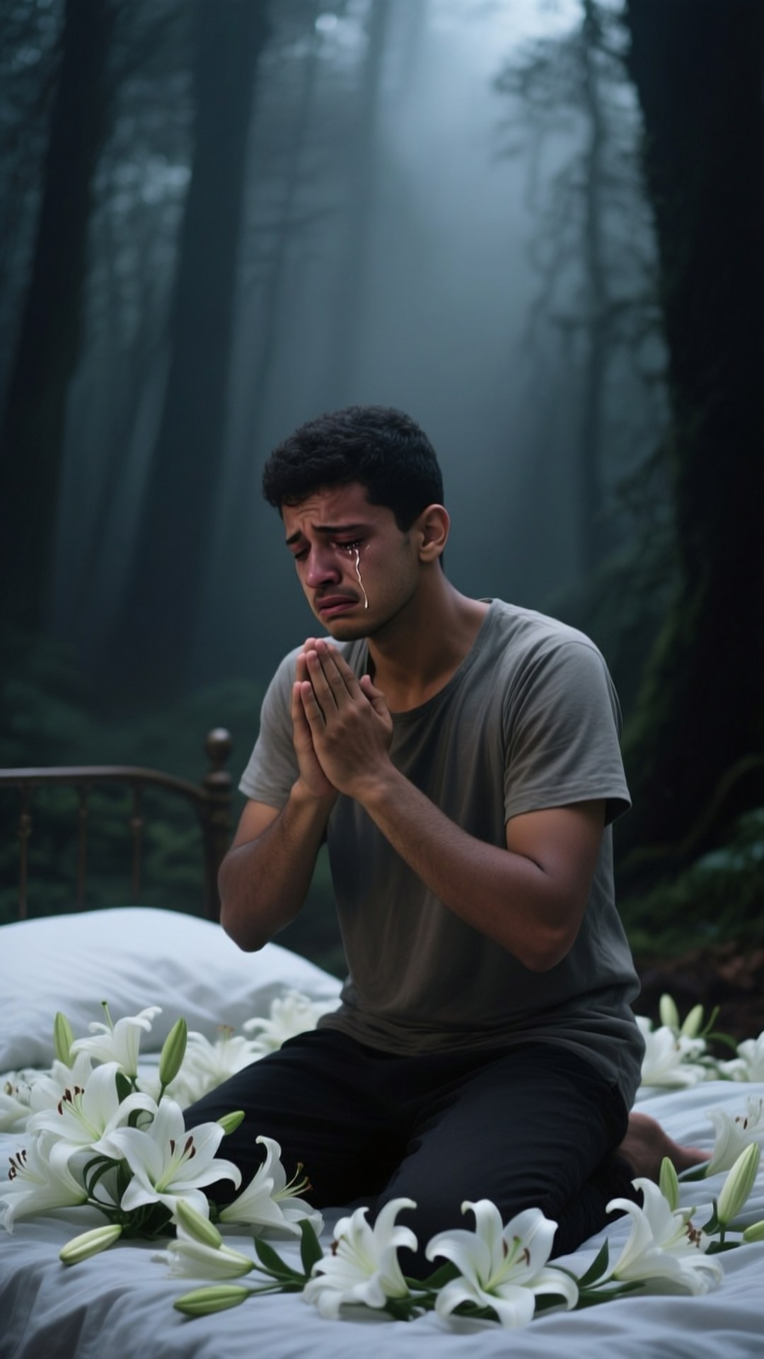 Praying Douma in Lilies 壁紙 — 一個男人跪在霧氣瀰漫的森林中的床上，雙手合十祈禱，周圍環繞著白色百合花，淚水順著臉頰流下。