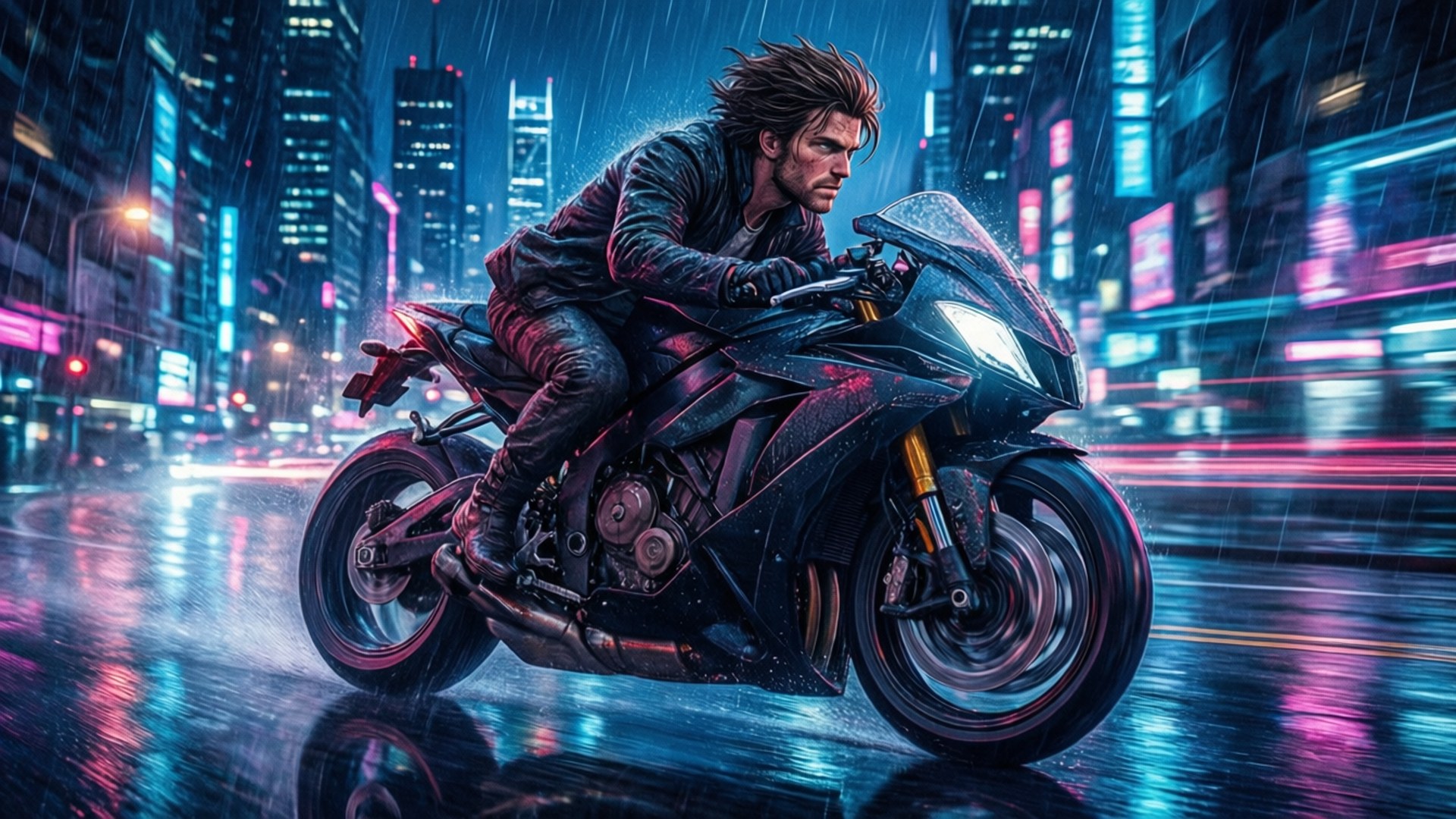 Holland Neon Ride 壁紙 — 一名男子在夜晚騎著一輛時尚的黑色機車，穿過霓虹燈閃爍的雨夜城市景觀，濕漉漉的路面上反射著發光的倒影。