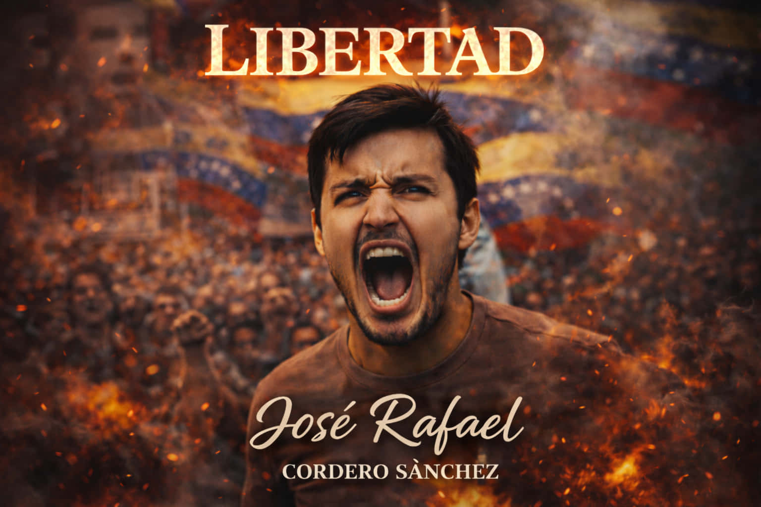 一個男人在火焰和委內瑞拉國旗背景下吶喊，帶有 libertad 文字